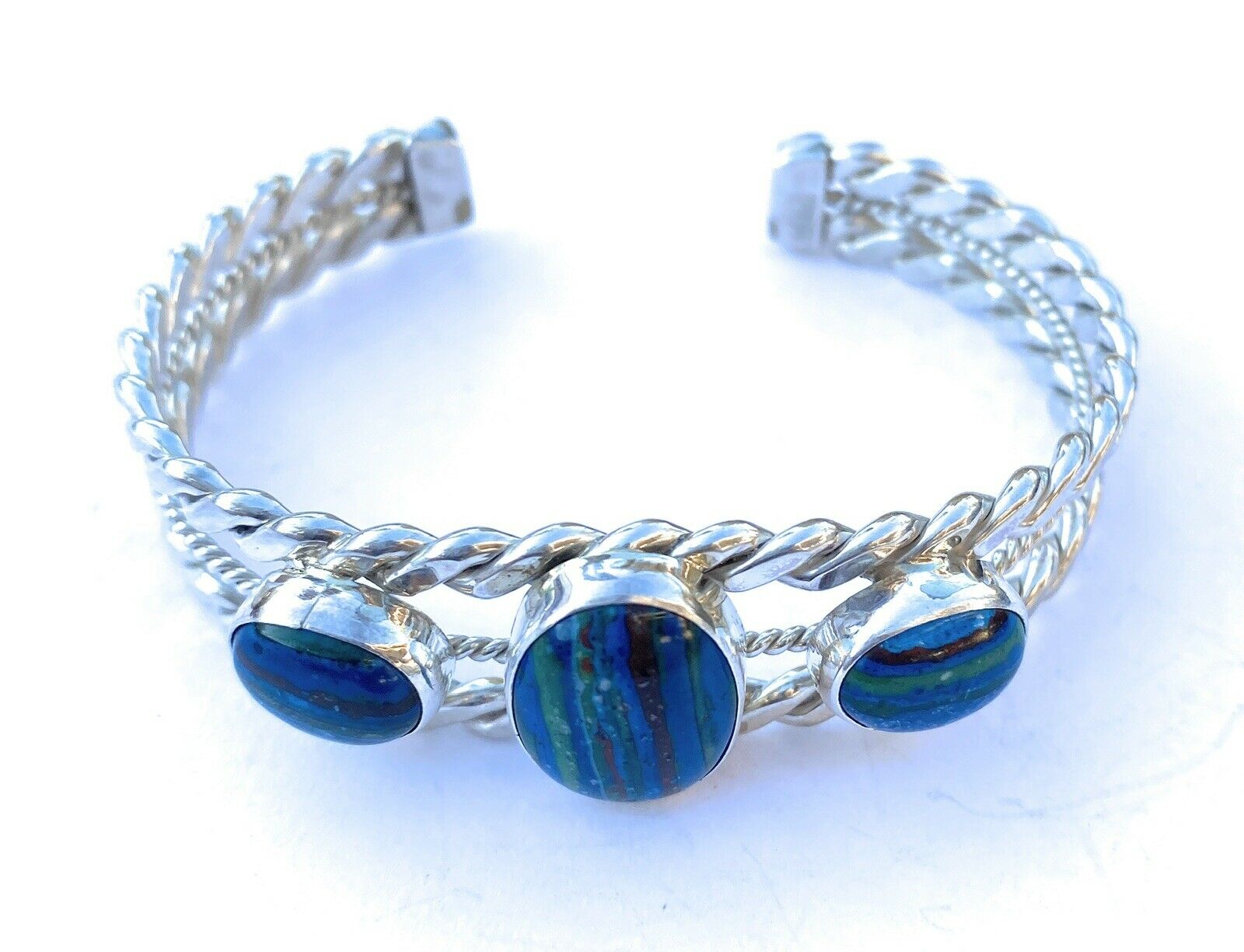 Unique Handcrafted Sterling Silver & Rainbow 3 stone Cuff Bracelet