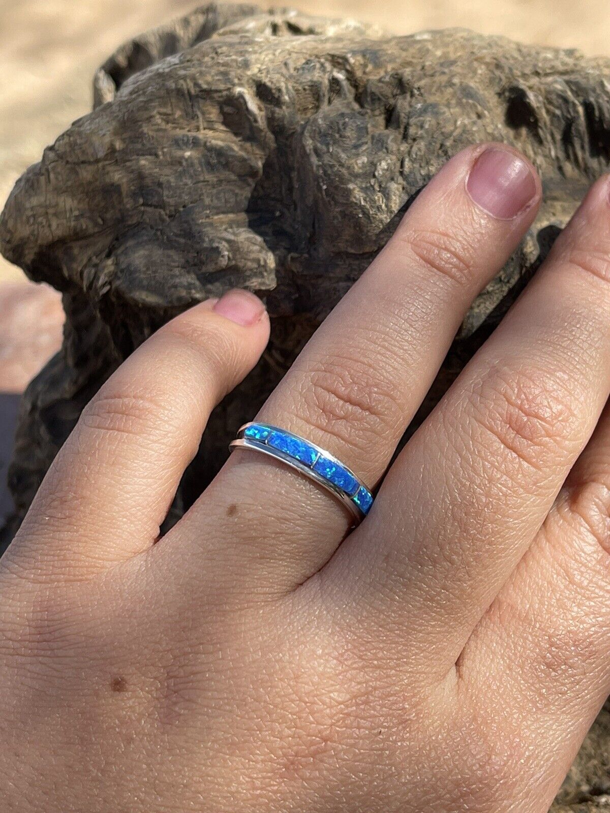 Handcrafted Sterling Silver Bright Blue Opal Stacker Ring