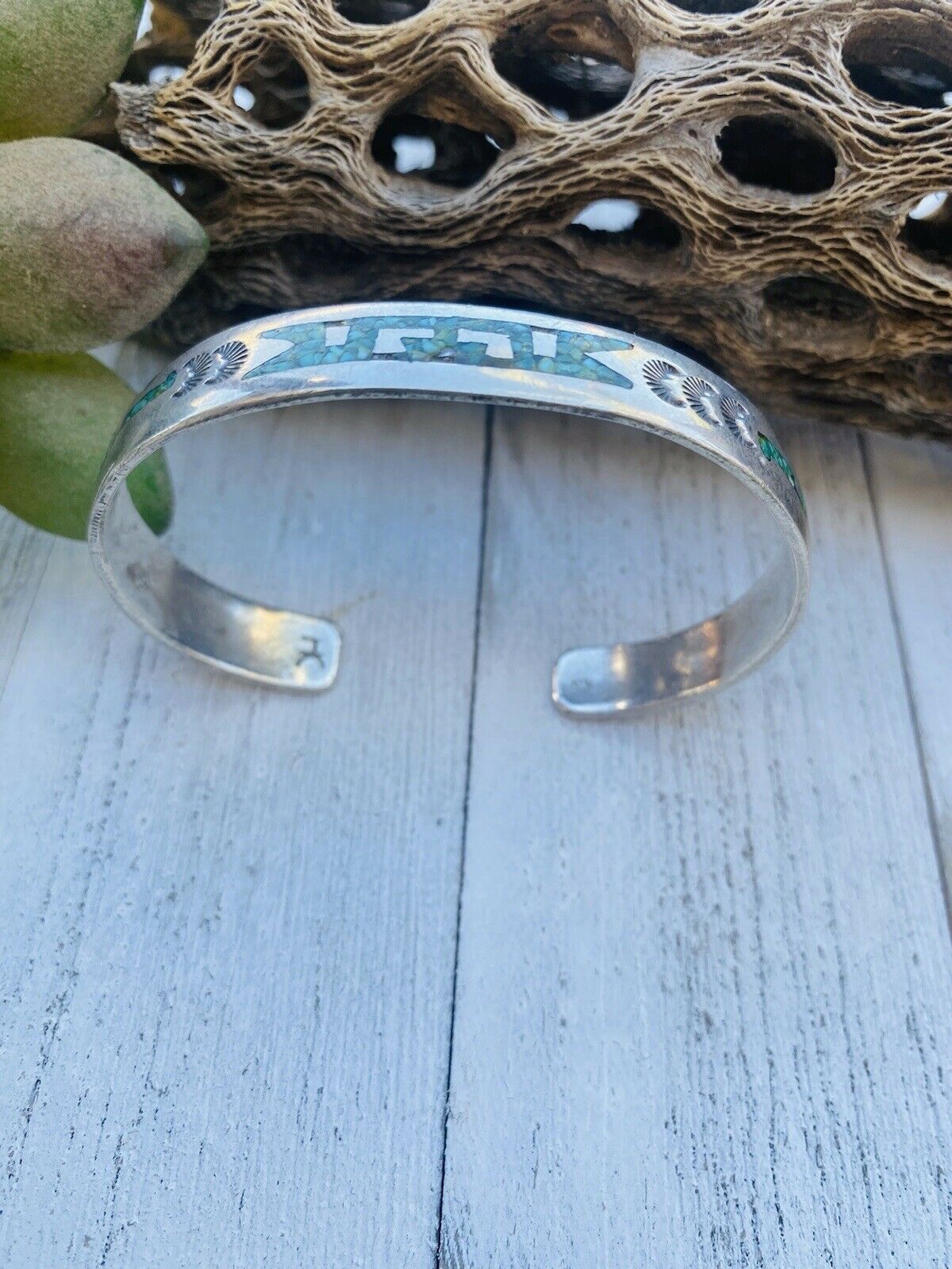 Handcrafted Vintage Turquoise, Coral & Sterling Silver Inlay Cuff Bracelet /