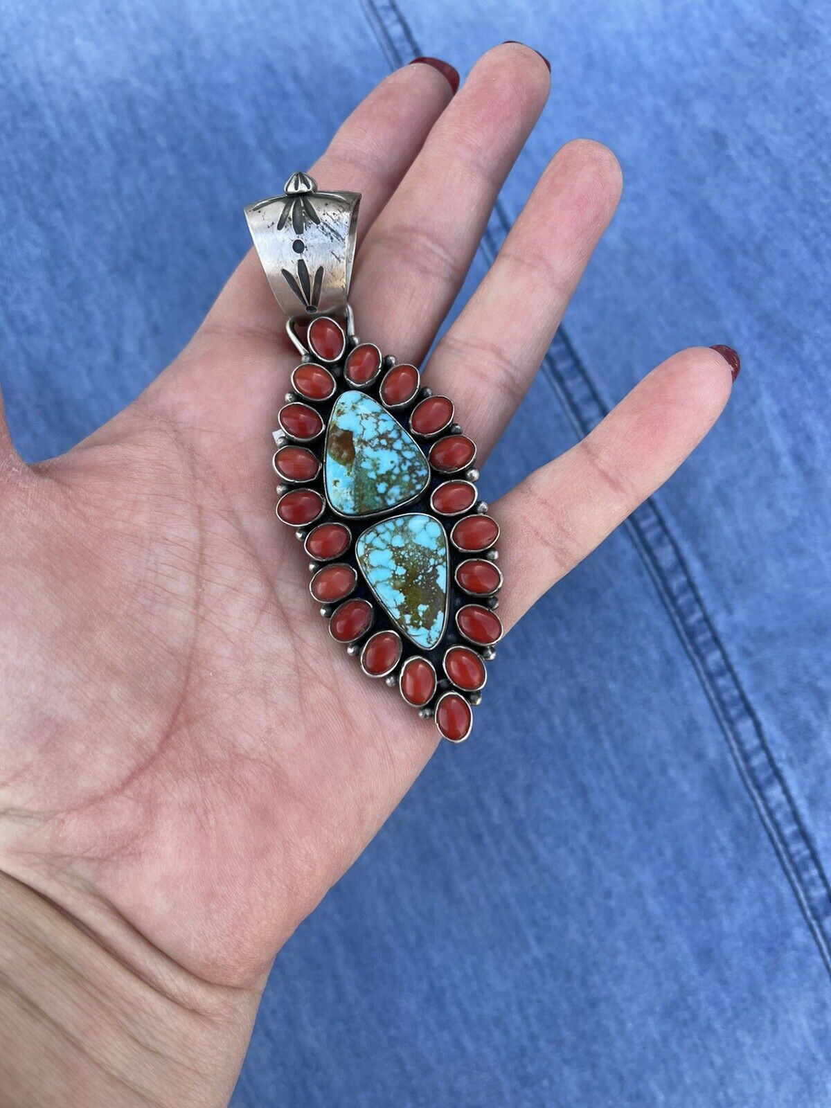 Handcrafted Sterling Silver 2 Stone Kingman Web Turquoise & Red Coral Taos Pendant