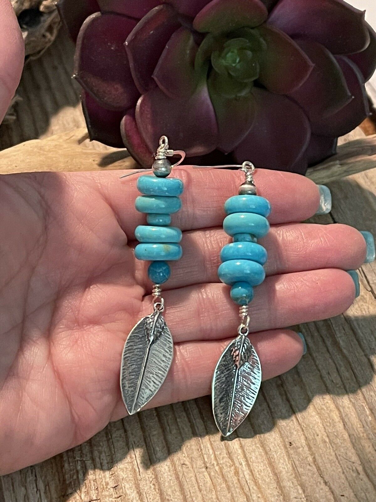 Handcrafted Sterling Silver & Blue Turquoise Leaf Dangle Earrings