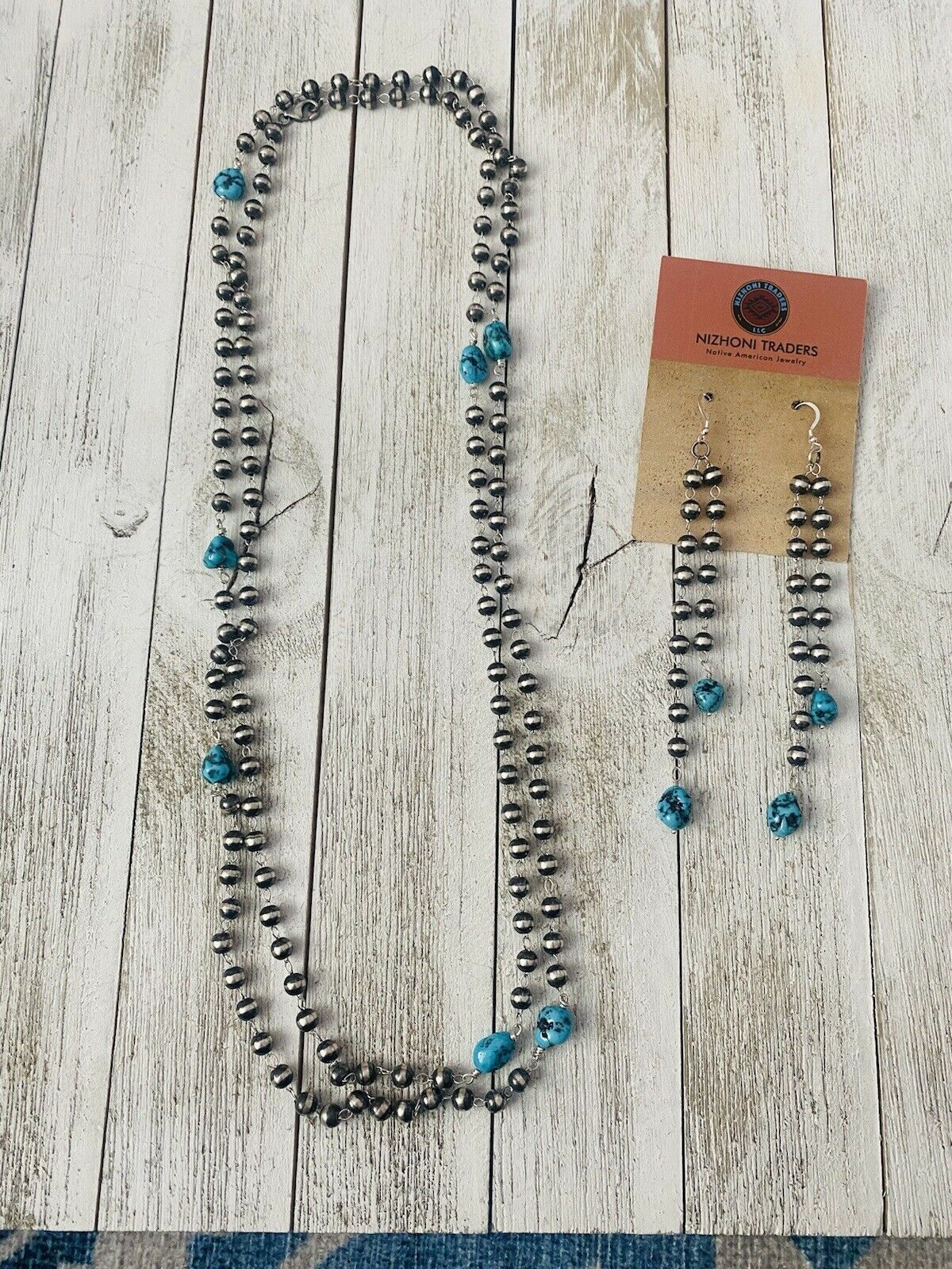 Handcrafted Kingman Turquoise & Sterling Silver Pearl Beaded Necklace Set