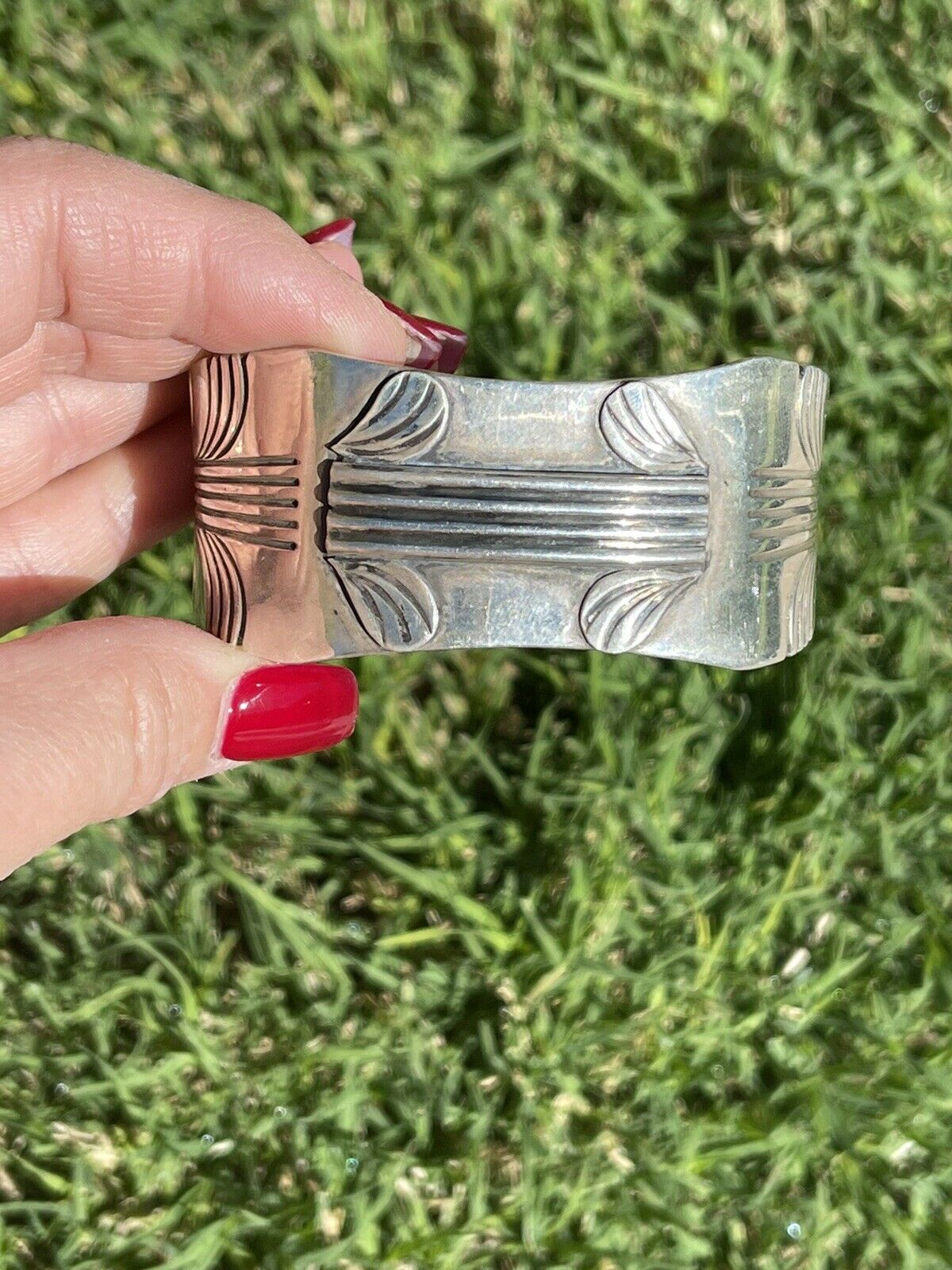 Handcrafted Vintage Sterling Silver Sleek Lined Cuff Bracelet by Steve Yellowhorse