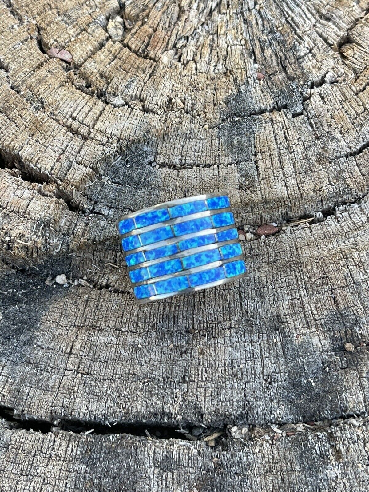 Handcrafted Sterling Silver Blue Opal 5 Row Inlay Ring
