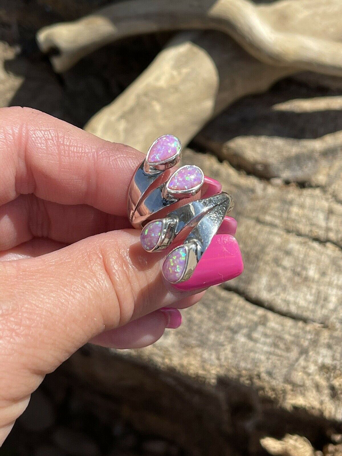 Handcrafted Sterling Silver Pink/ Purple Opal Adjustable 4 Stone Ring
