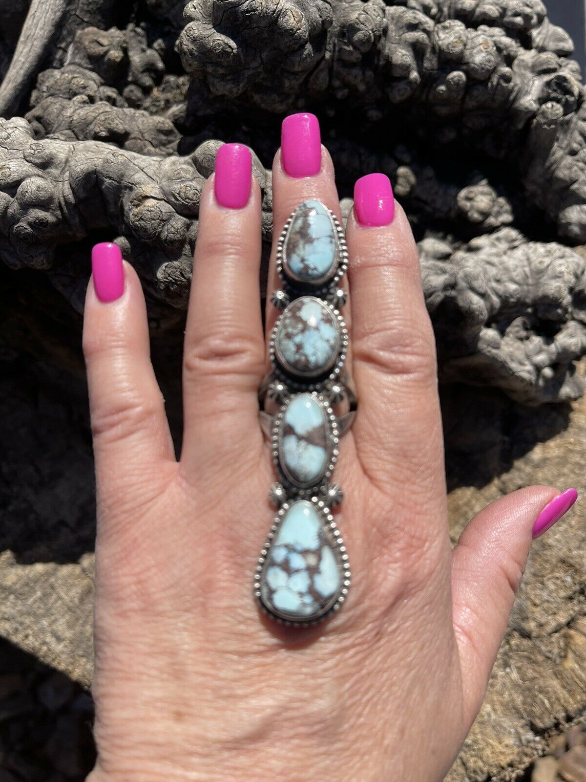 Handcrafted Golden Hills Turquoise & Sterling Silver Ring Sz 6.5 Signed Bobby John