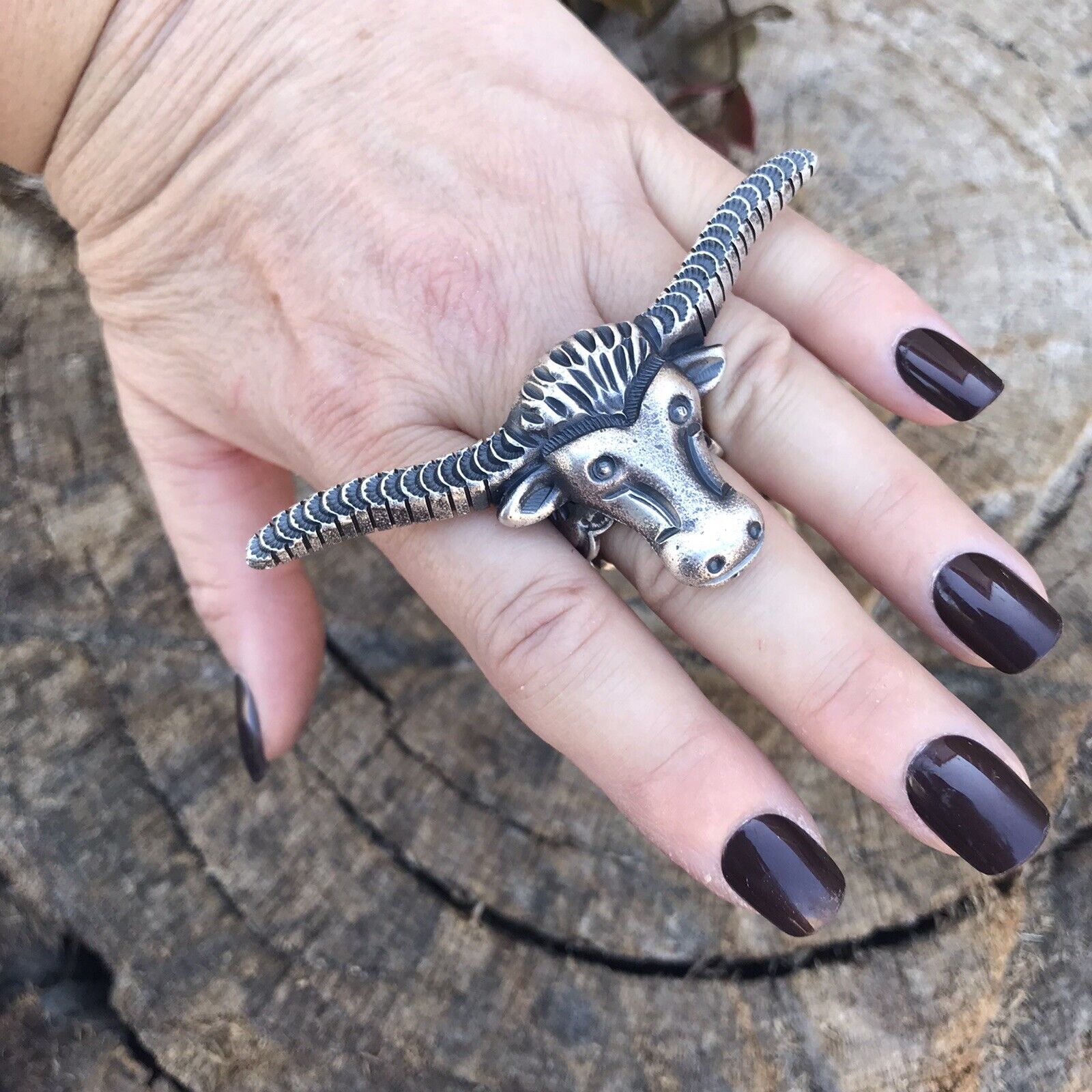 Handcrafted Sterling Silver Longhorn Cattle Steer Head Statement Ring