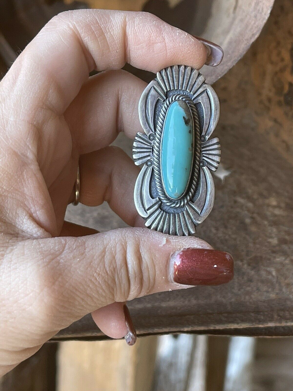 Handcrafted Turquoise & Sterling Silver Navajo Deco Ring Size 7.5