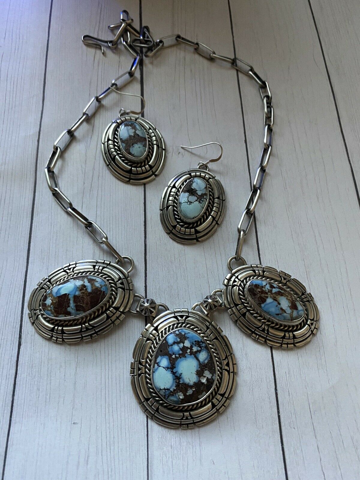 Handcrafted Golden Hills Turquoise & Sterling Silver Necklace Set by Larry Kaye