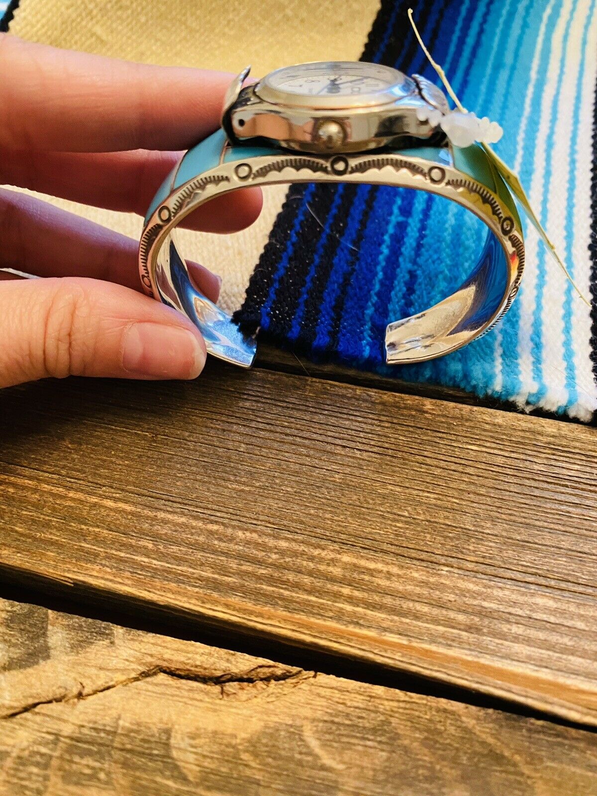 Handcrafted Vintage Turquoise & Sterling Silver Inlay Watch Cuff Signed