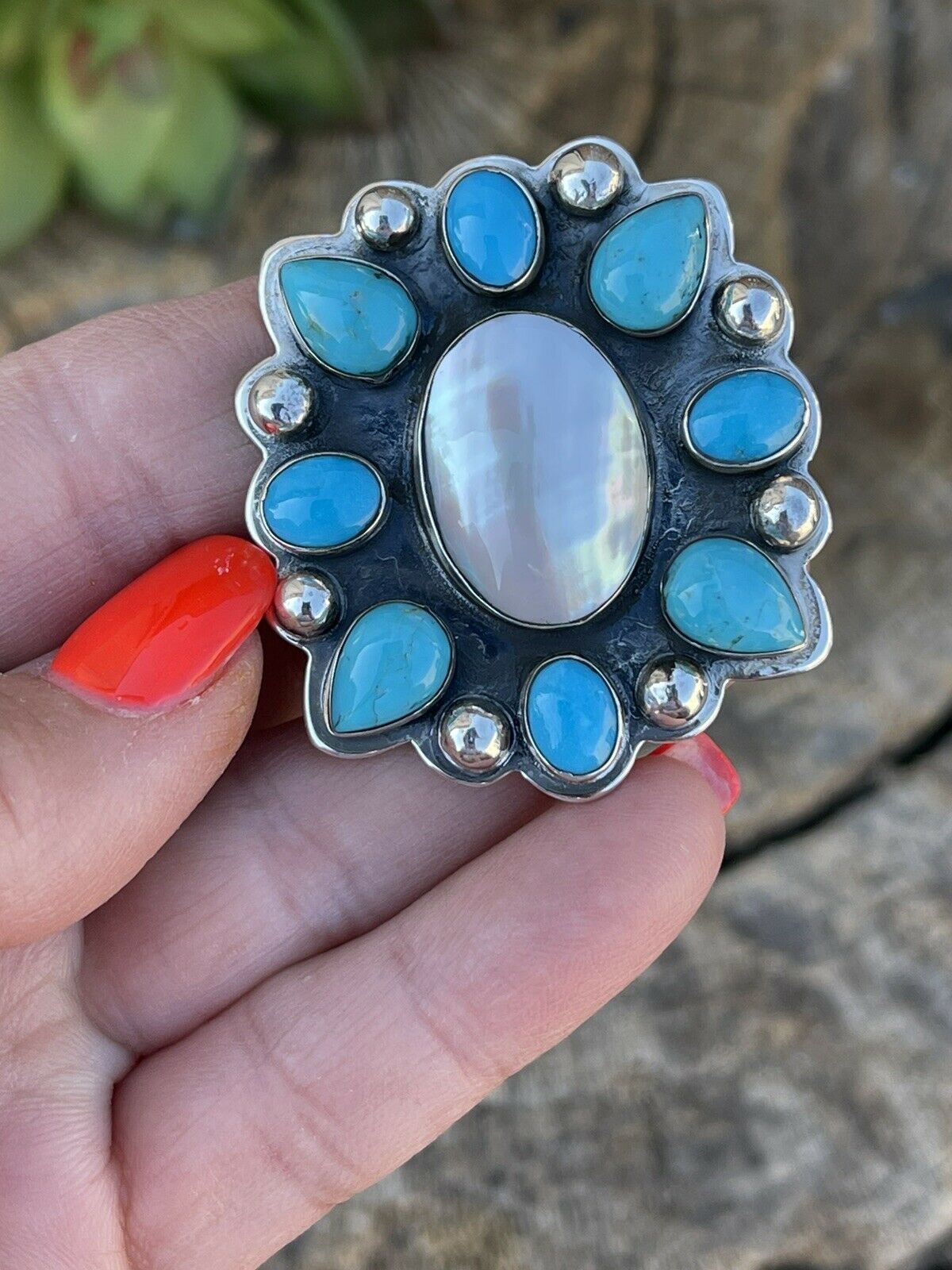 Handcrafted Cluster Turquoise & Mother Of Pearl Sterling Silver Ring Sz Is Adjustable