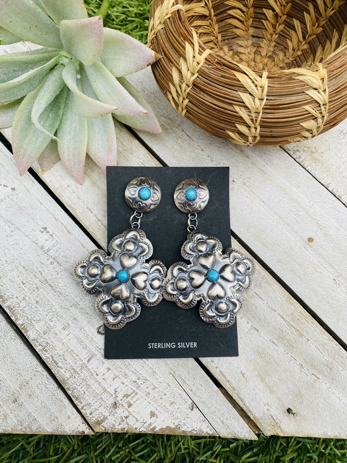 Handcrafted Turquoise & Sterling Silver Concho Cross Dangle Earrings By Tim Yazzie