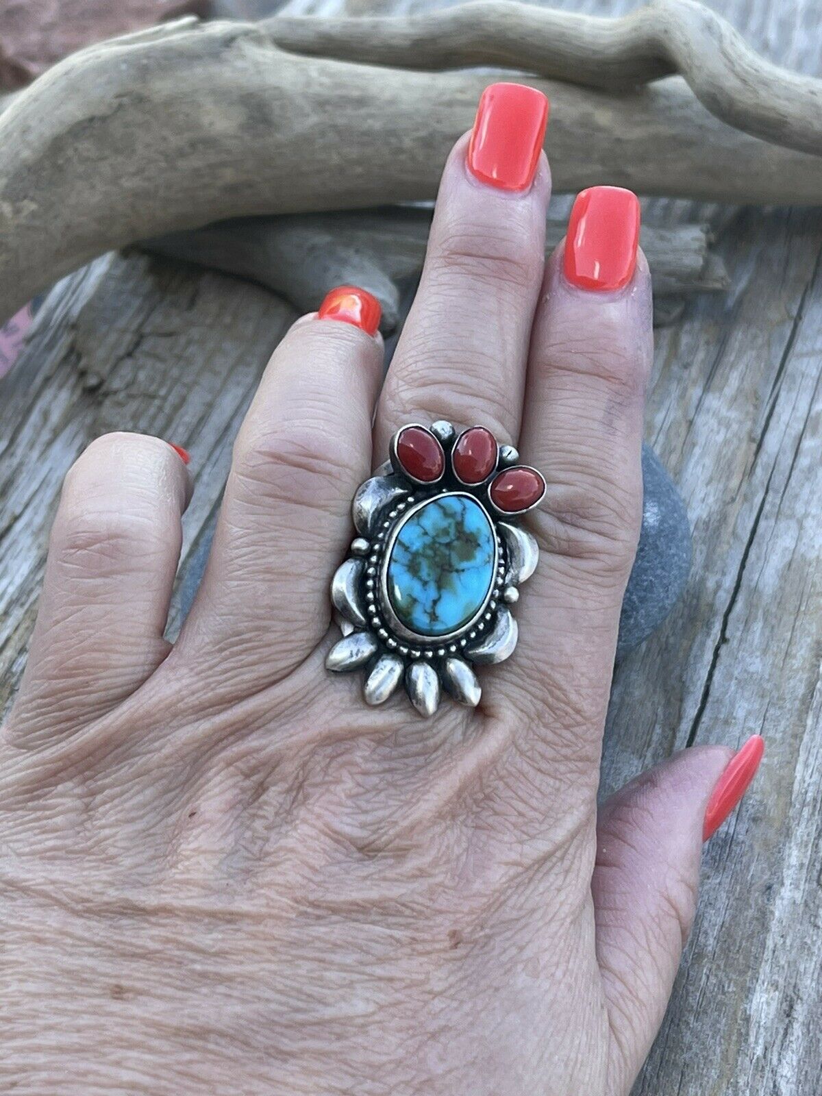 Handcrafted Sterling Silver Kingman Web Turquoise & Red Coral Taos Collection Ring Sz 6