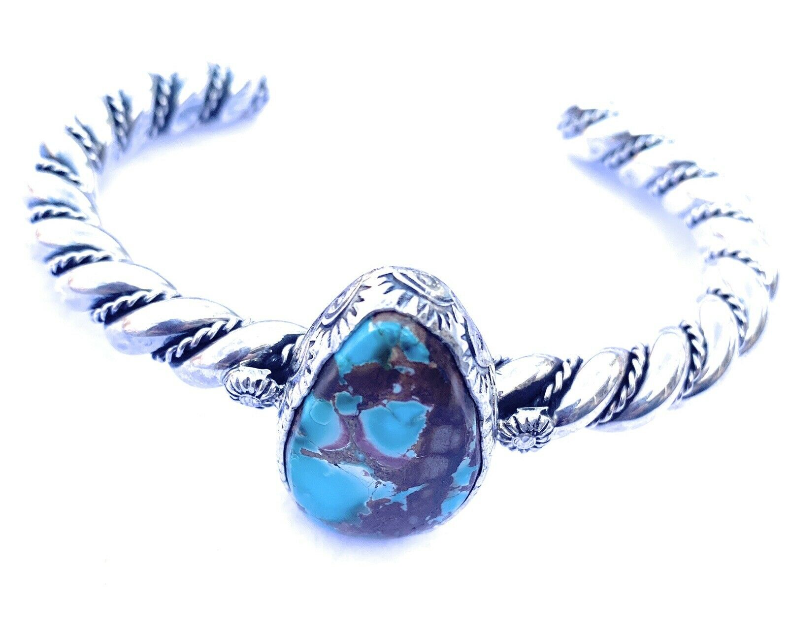 Handcrafted & Hand Stamped Sterling Silver & Royston Turquoise Cuff Bracelet