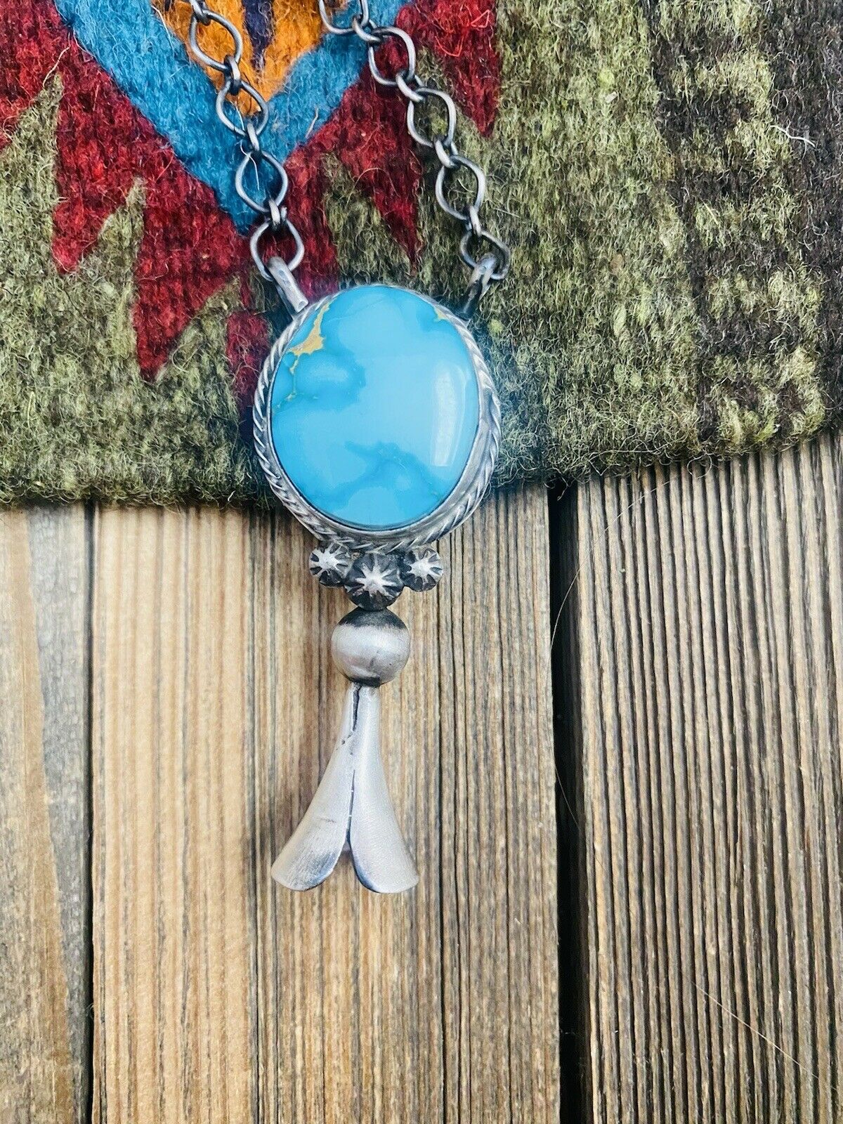 Handcrafted Sterling Silver & Kingman Turquoise Blossom Necklace Signed