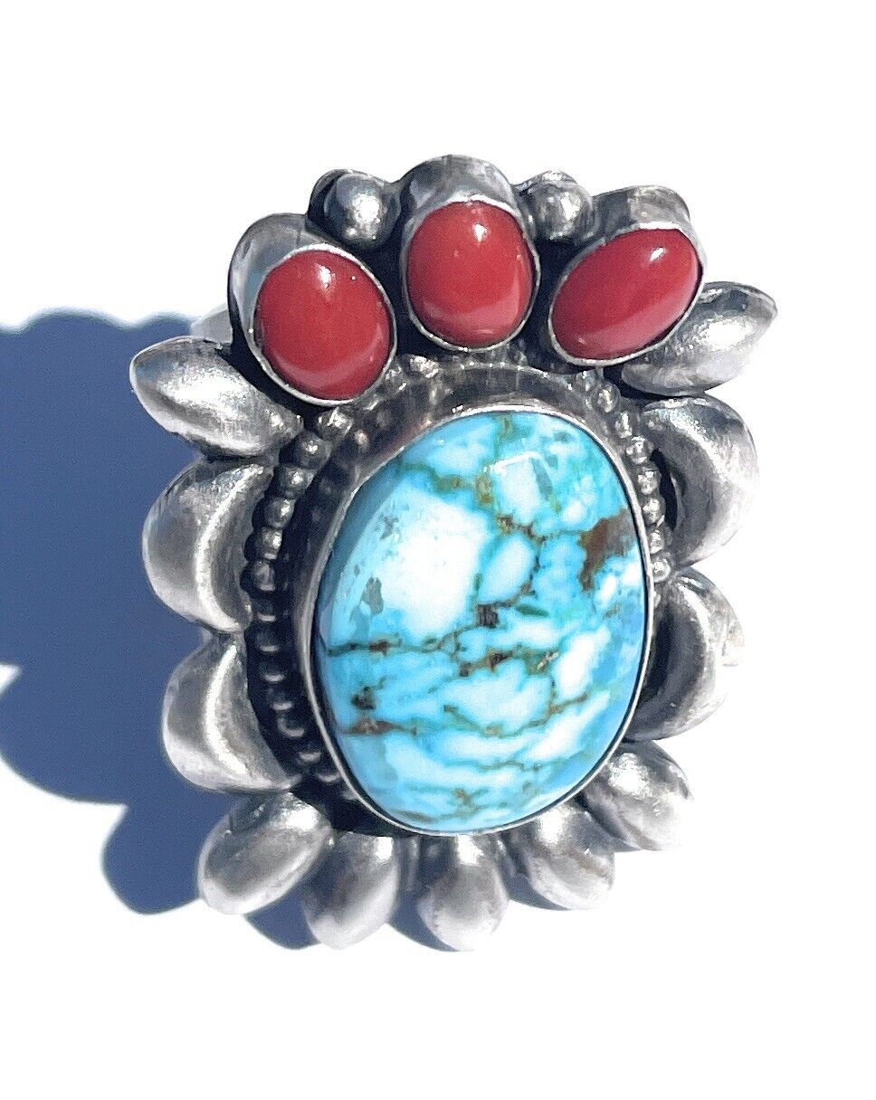 Navajo Sterling Kingman Web Turquoise & Red Coral Taos Collection Ring by Danny Clark, Sz 6.5