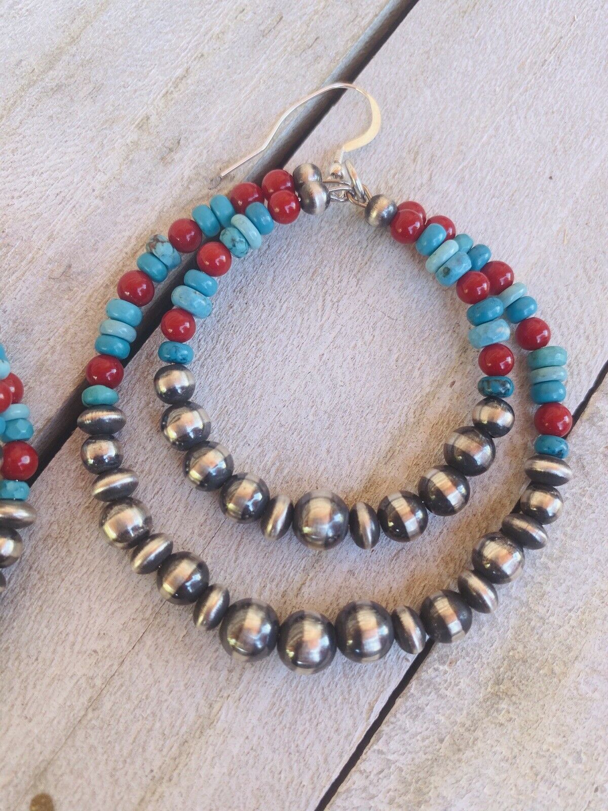 Handcrafted Turquoise, Coral & Sterling Silver Pearl Dangle Hoop Earrings