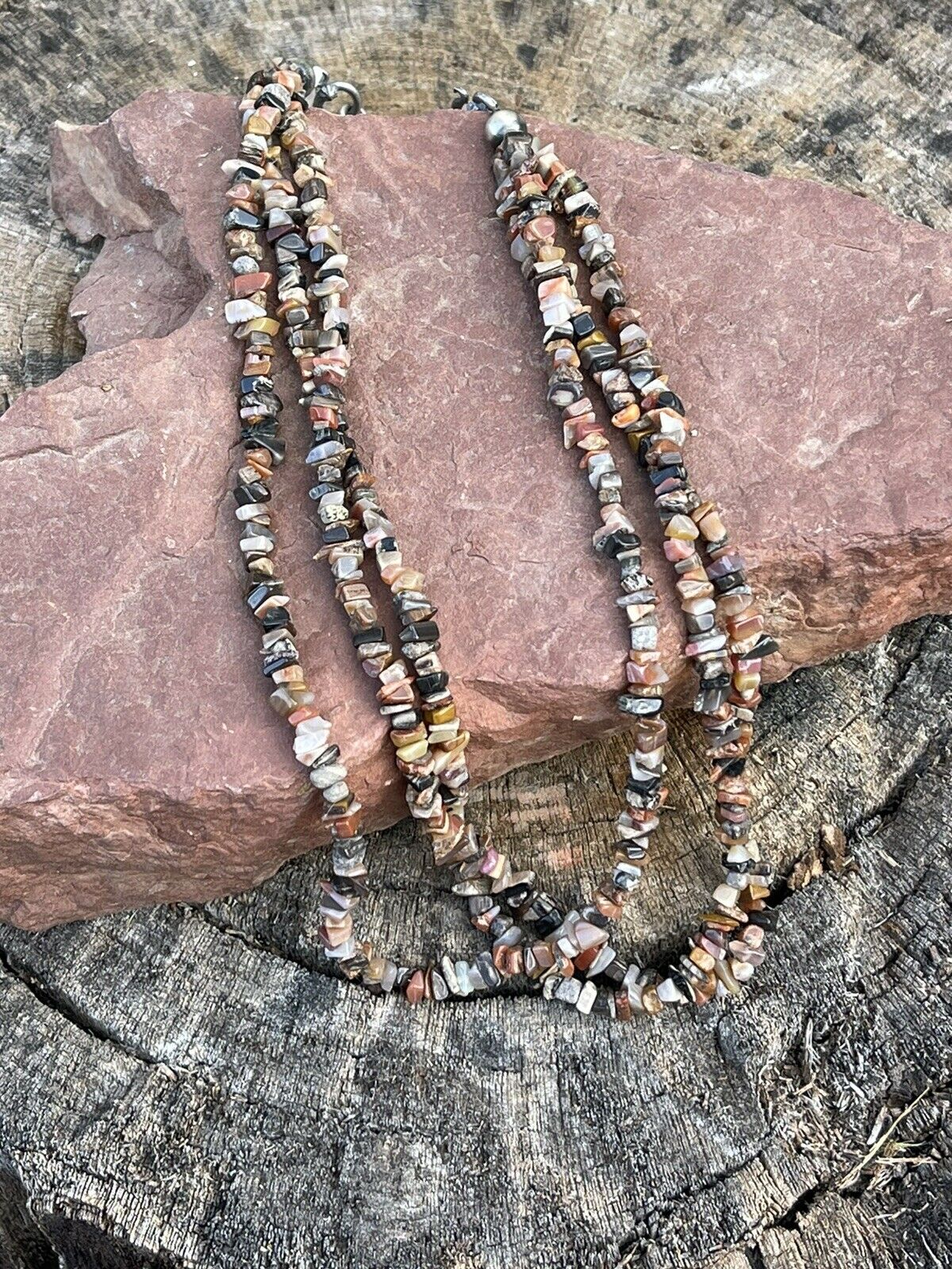 Handcrafted Sterling Silver Multi Jasper Chip Triple Strand Necklace