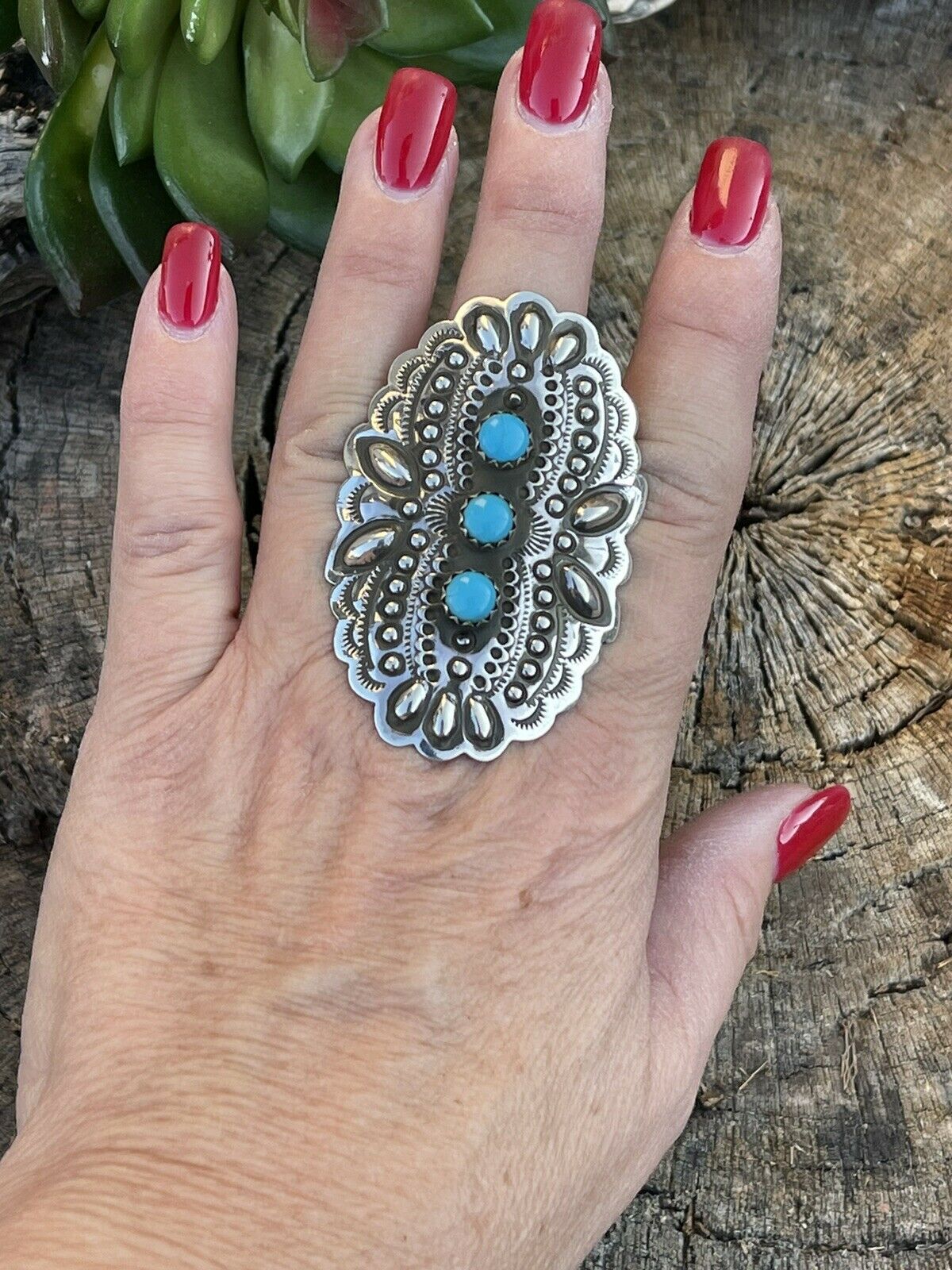 Handcrafted 3 Stone Turquoise & Sterling Silver Concho Ring Adjustable Signed L.Tahe