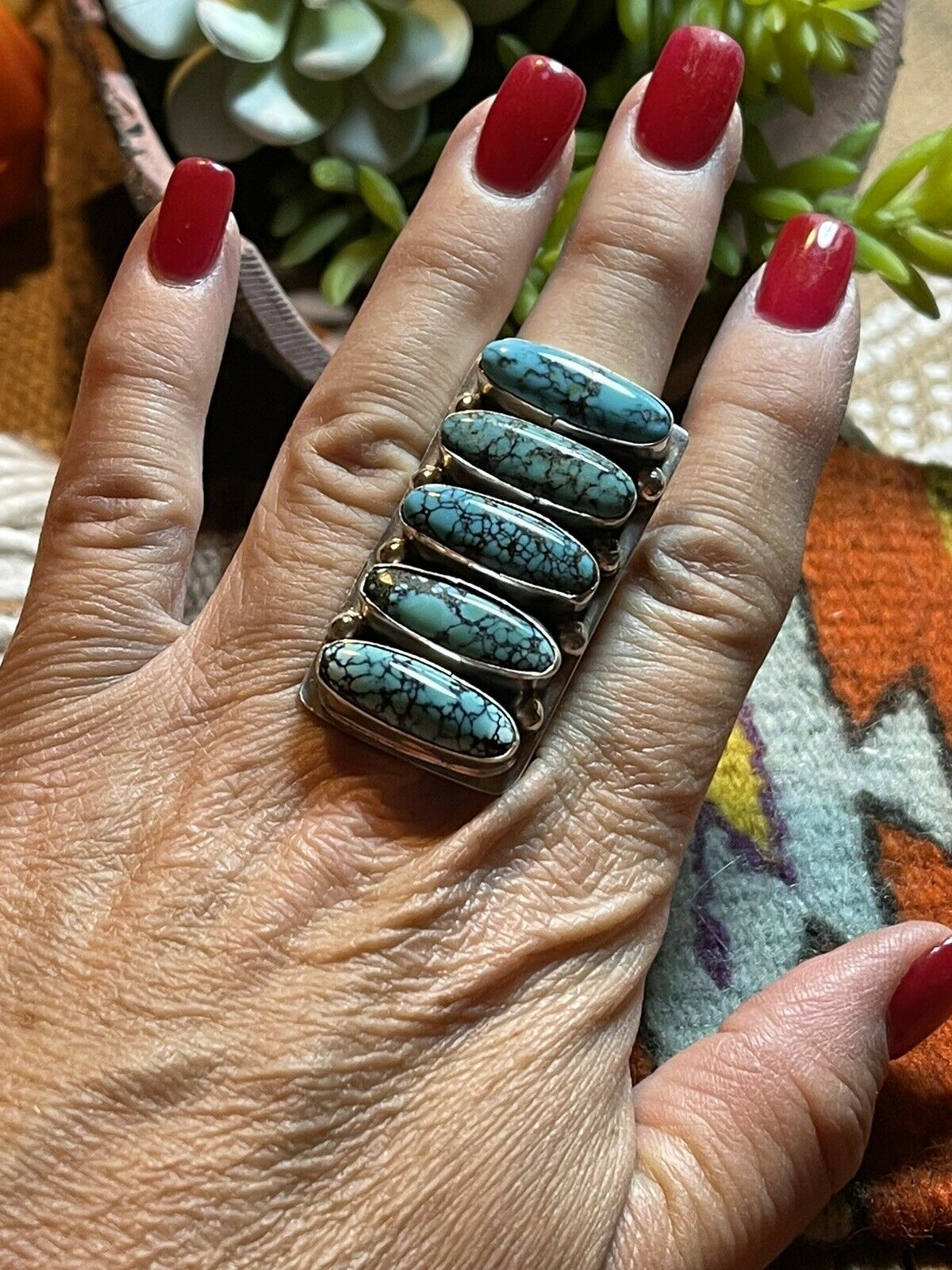 Handcrafted Blue Oval Turquoise & Sterling Silver Ring Sz 7 Signed