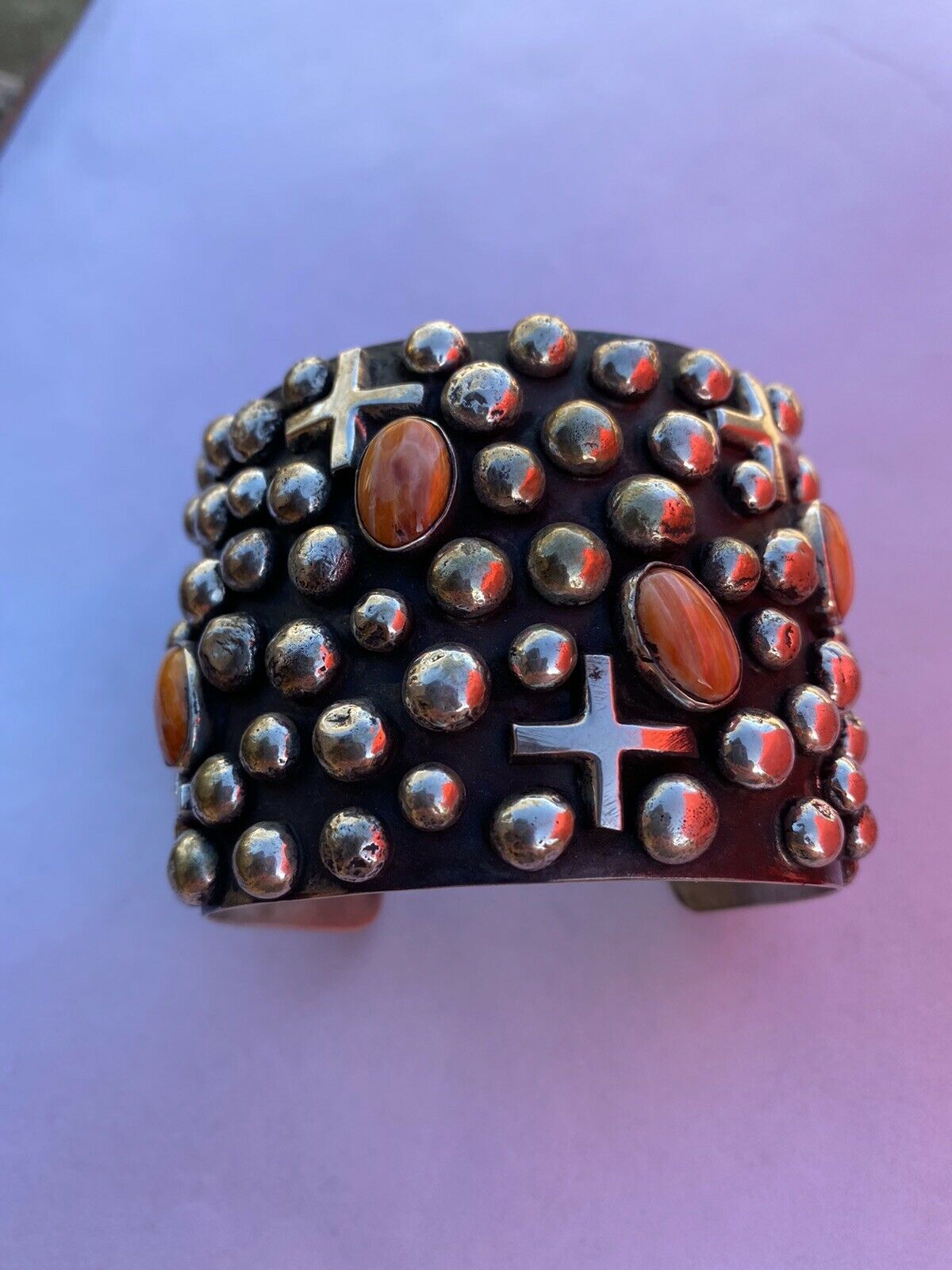 Handcrafted Sterling Silver & Orange Spiny Cross Bracelet By Chimney Butte Signed