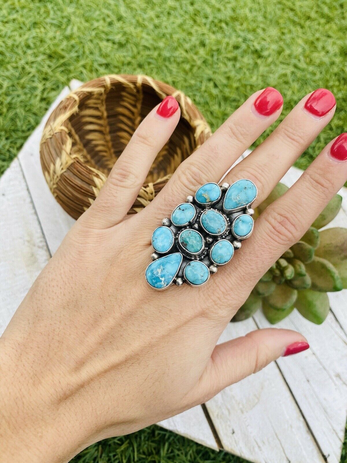 Handcrafted Turquoise & Sterling Silver Cluster Adjustable Ring
