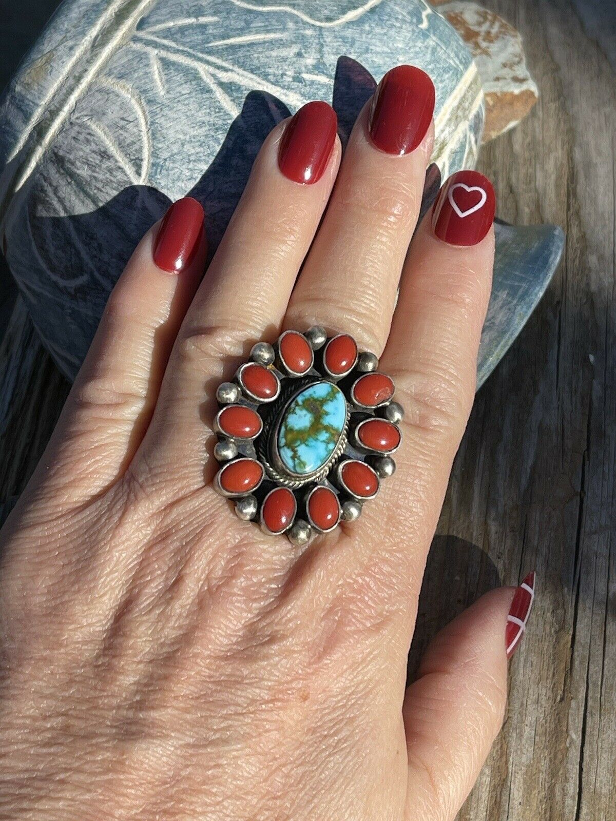 Handcrafted Sterling Silver Kingman Web Turquoise & Red Coral Taos Ring Sz 7
