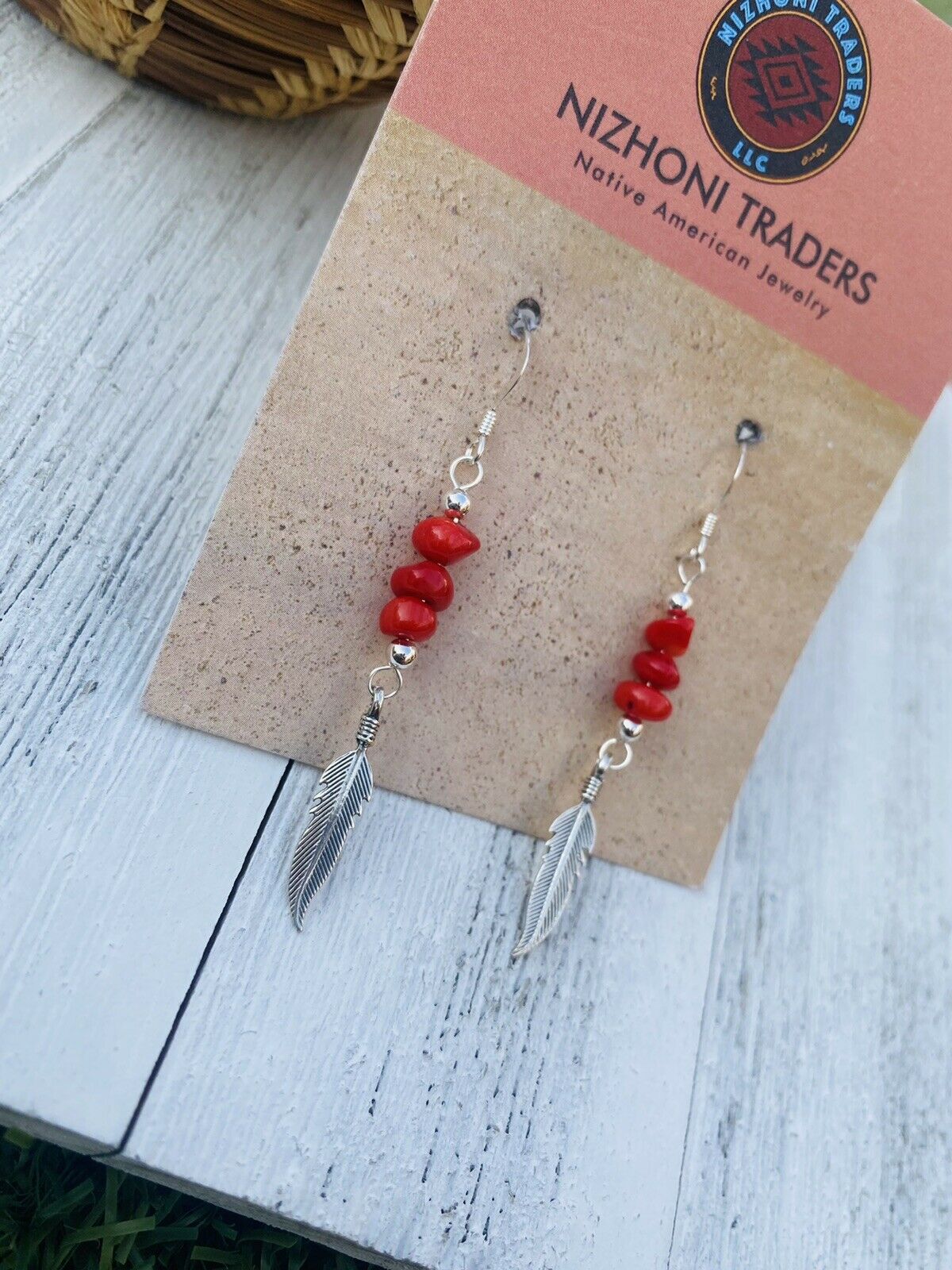 Handcrafted Coral & Sterling Silver Feather Dangle Earrings