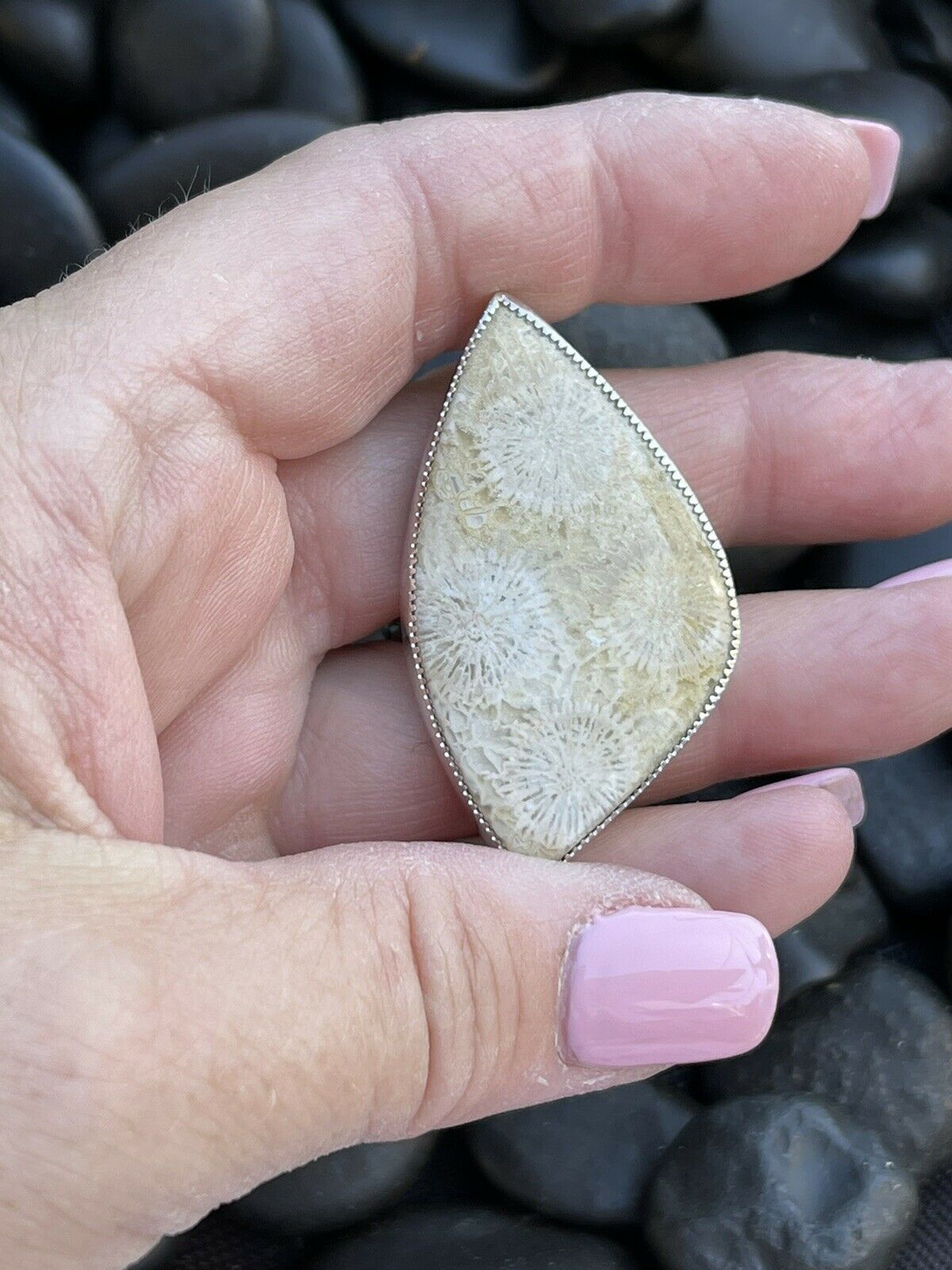 Handcrafted Fossilized Coral & Sterling Silver Adjustable Ring Signed