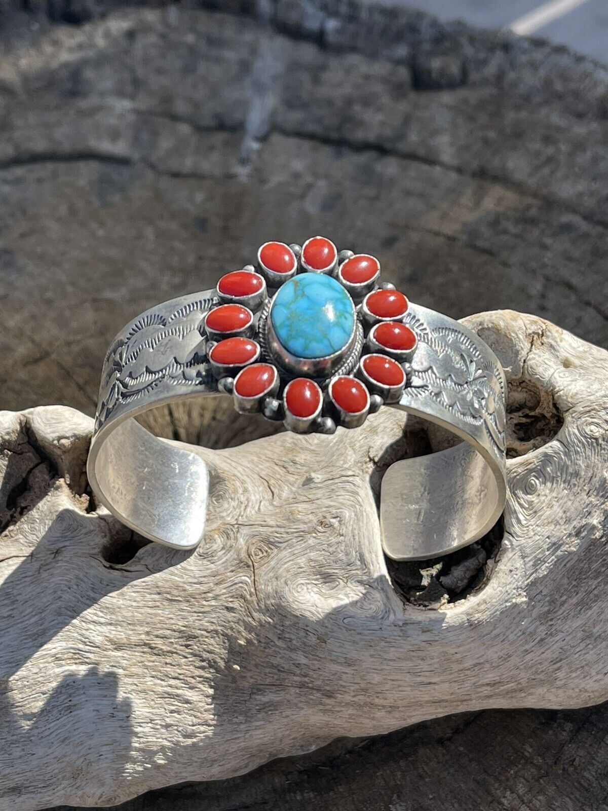 Navajo Sterling Kingman Web Turquoise & Red Coral Taos Bracelet Cuff by Bobby Johnson /