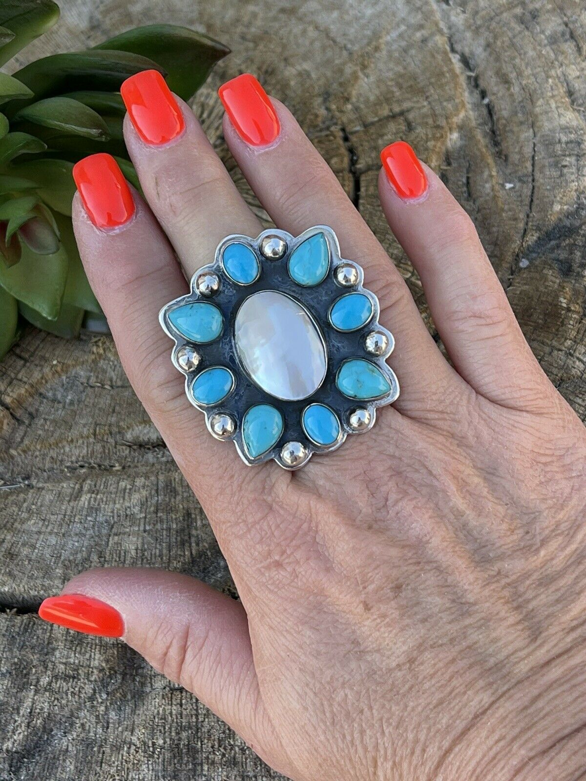 Handcrafted Cluster Turquoise & Mother Of Pearl Sterling Silver Ring Sz Is Adjustable