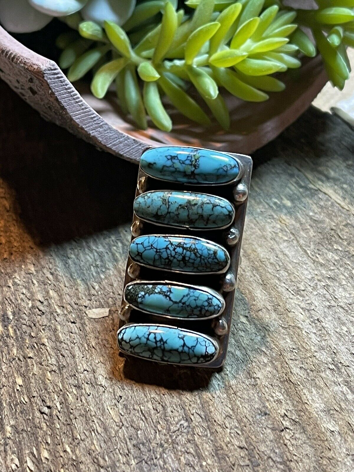 Handcrafted Blue Oval Turquoise & Sterling Silver Ring Sz 7 Signed