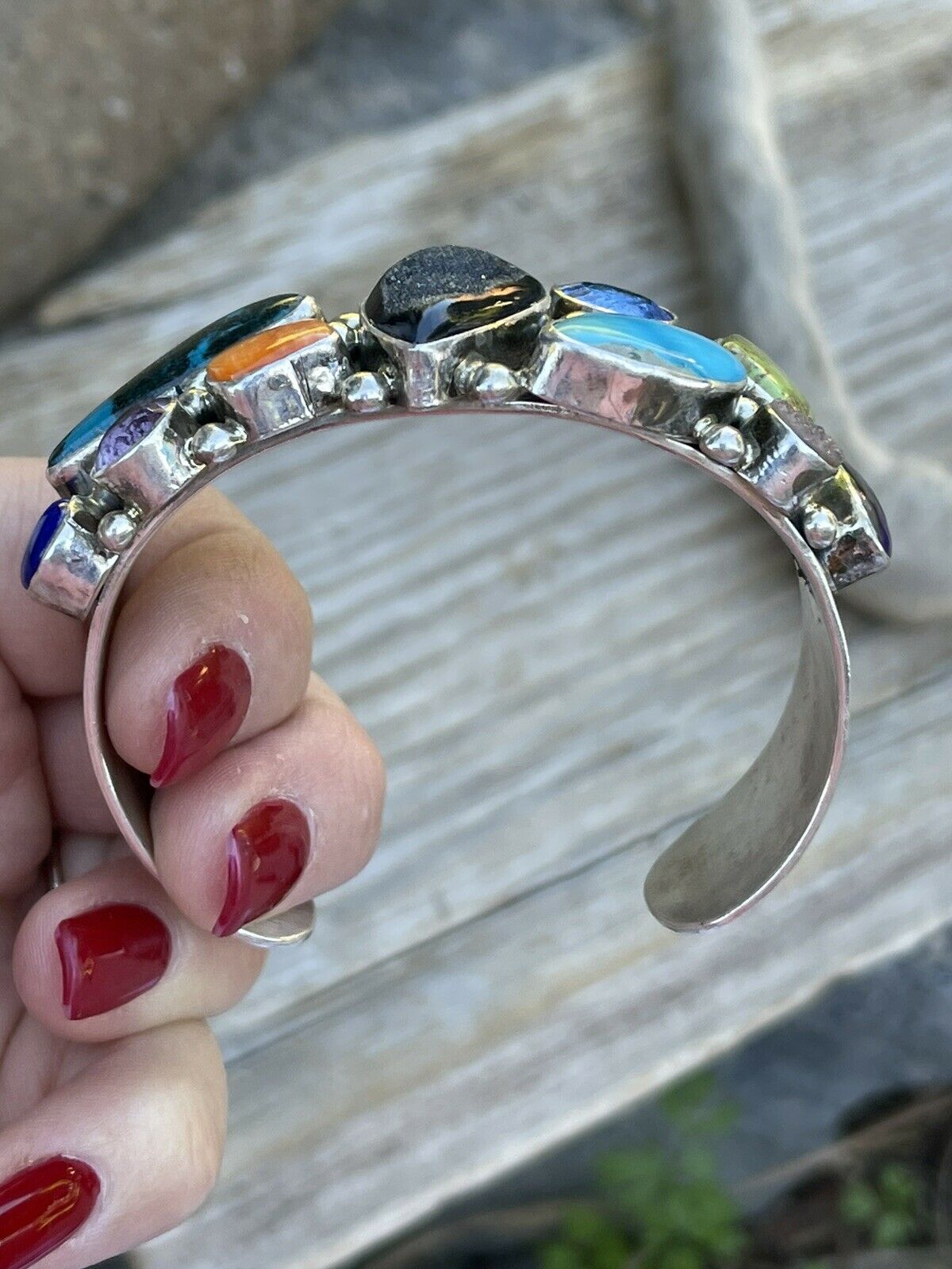 Handcrafted Multi Stone & Gem Sterling Silver Cuff Bracelet Signed