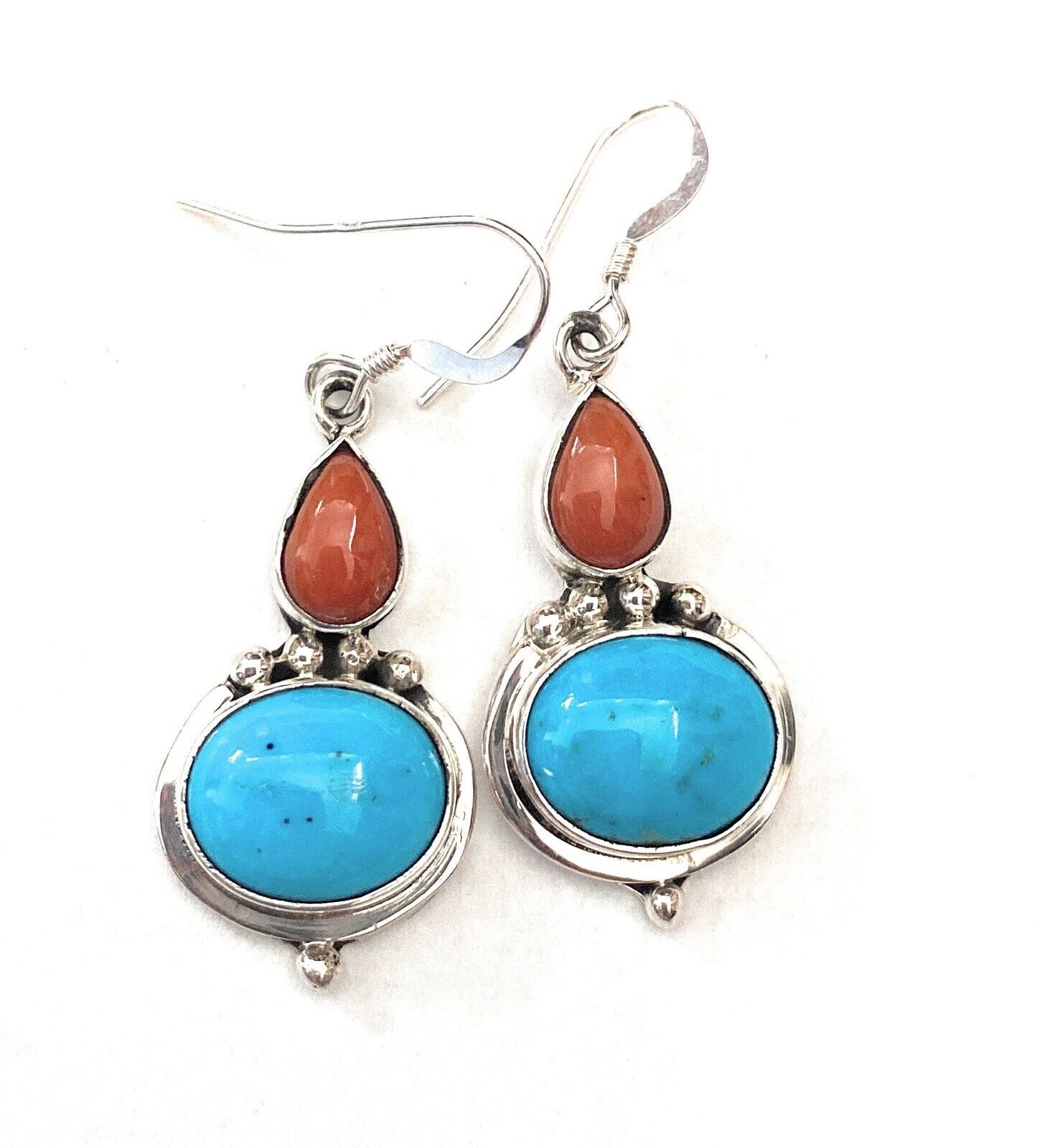 Handcrafted Turquoise, Coral & Sterling Silver Dangle Earrings