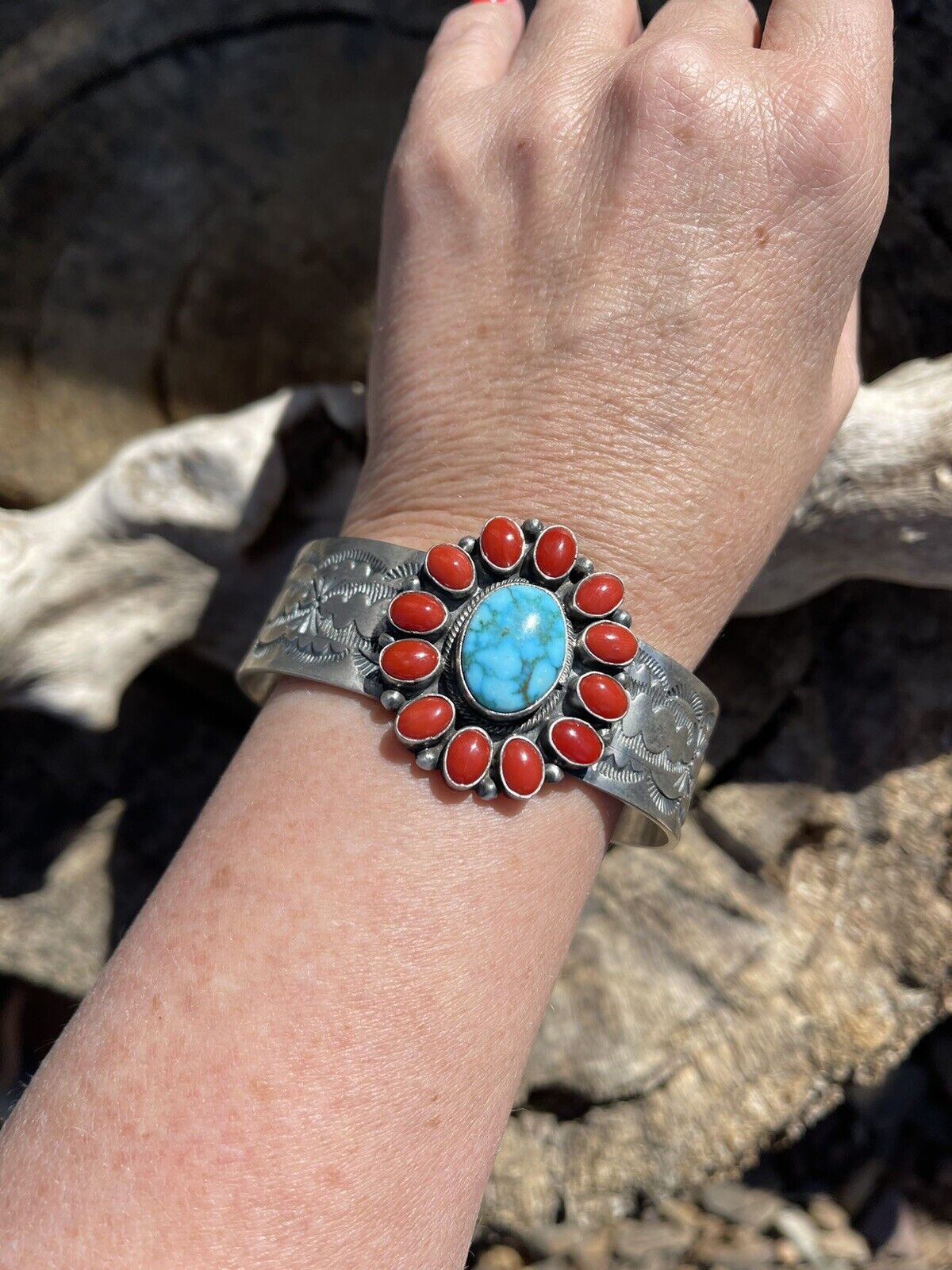 Navajo Sterling Kingman Web Turquoise & Red Coral Taos Bracelet Cuff by Bobby Johnson /
