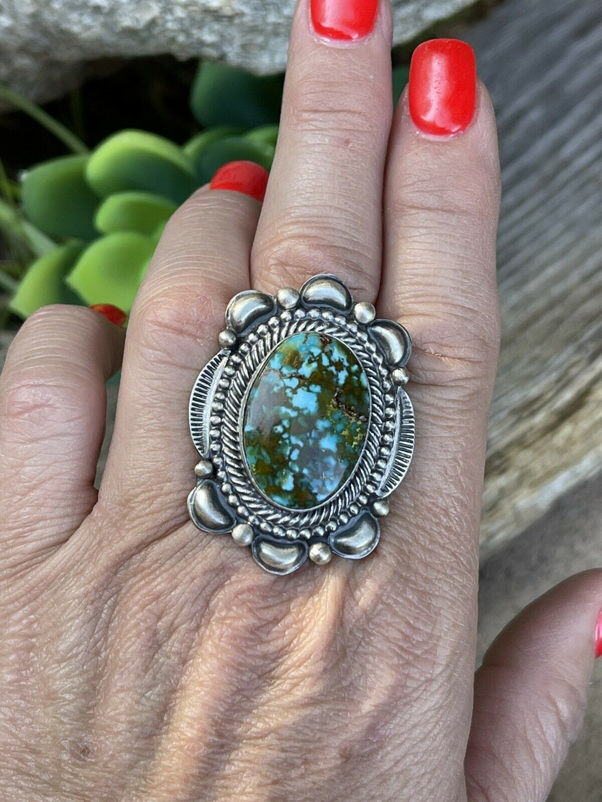 Handcrafted Sonoran Mountain Turquoise & Sterling Silver Statement Ring Sizes 7.5