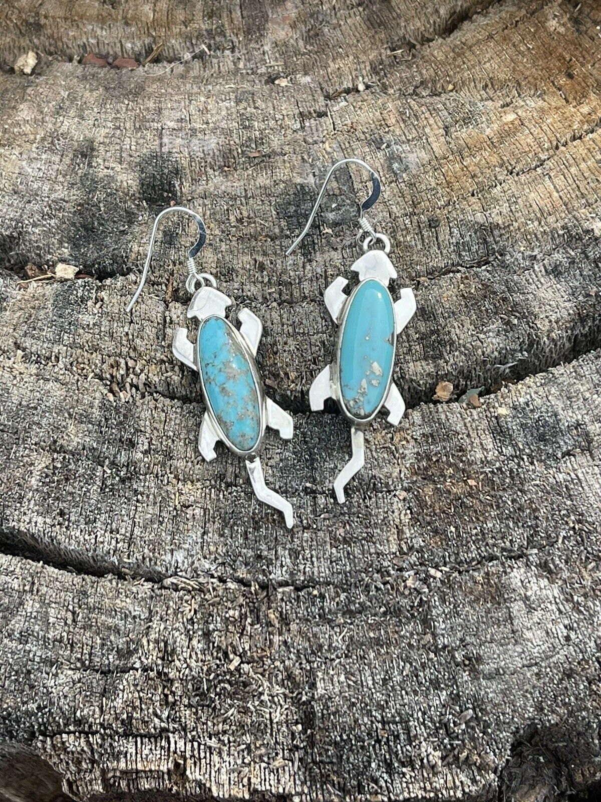 Handcrafted Sterling Silver Turquoise Stone Gecko Dangle Earrings Signed