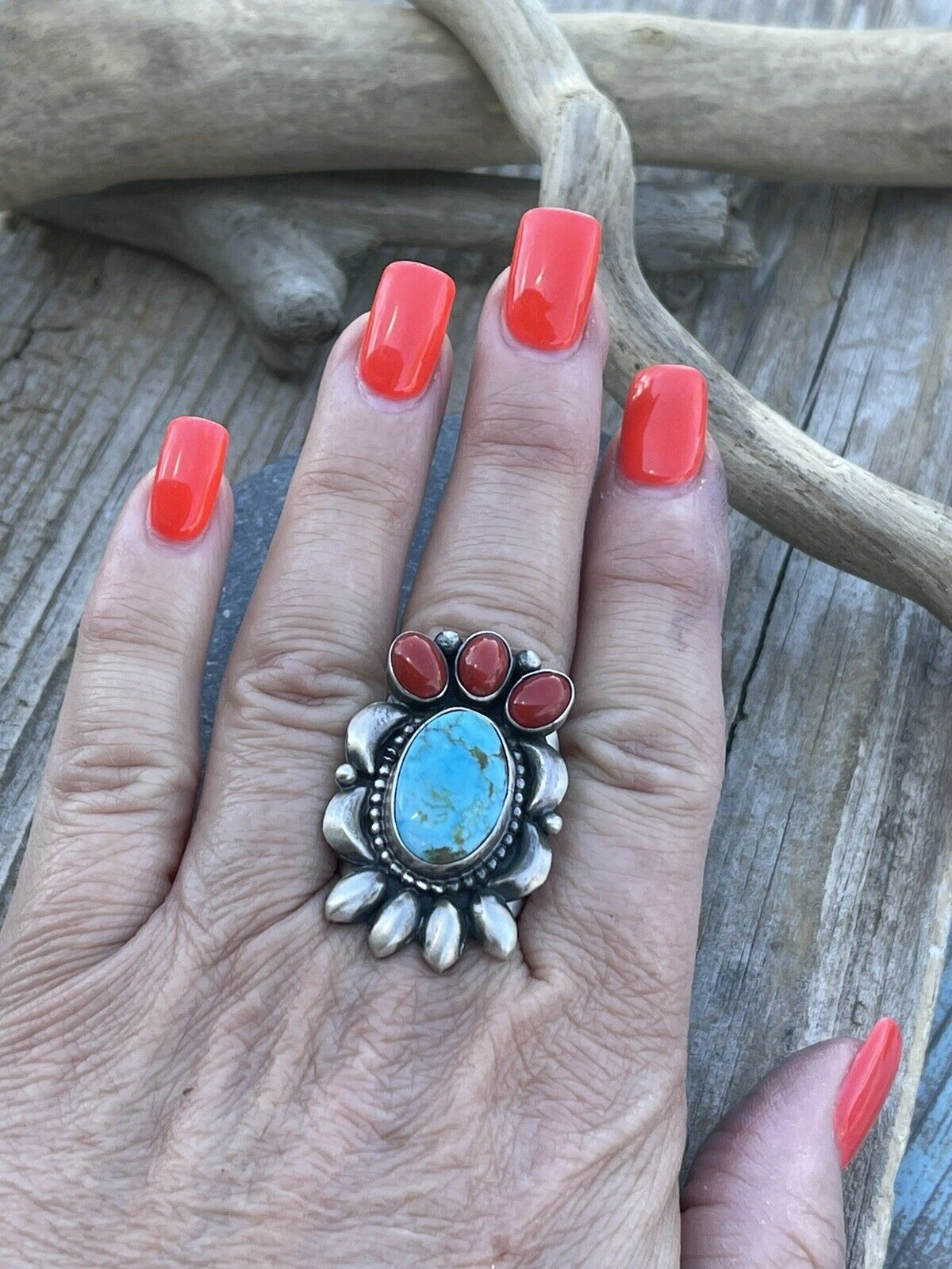 Navajo Sterling Kingman Web Turquoise & Red Coral Taos Collection Ring by Danny Clark, Sz 7.5