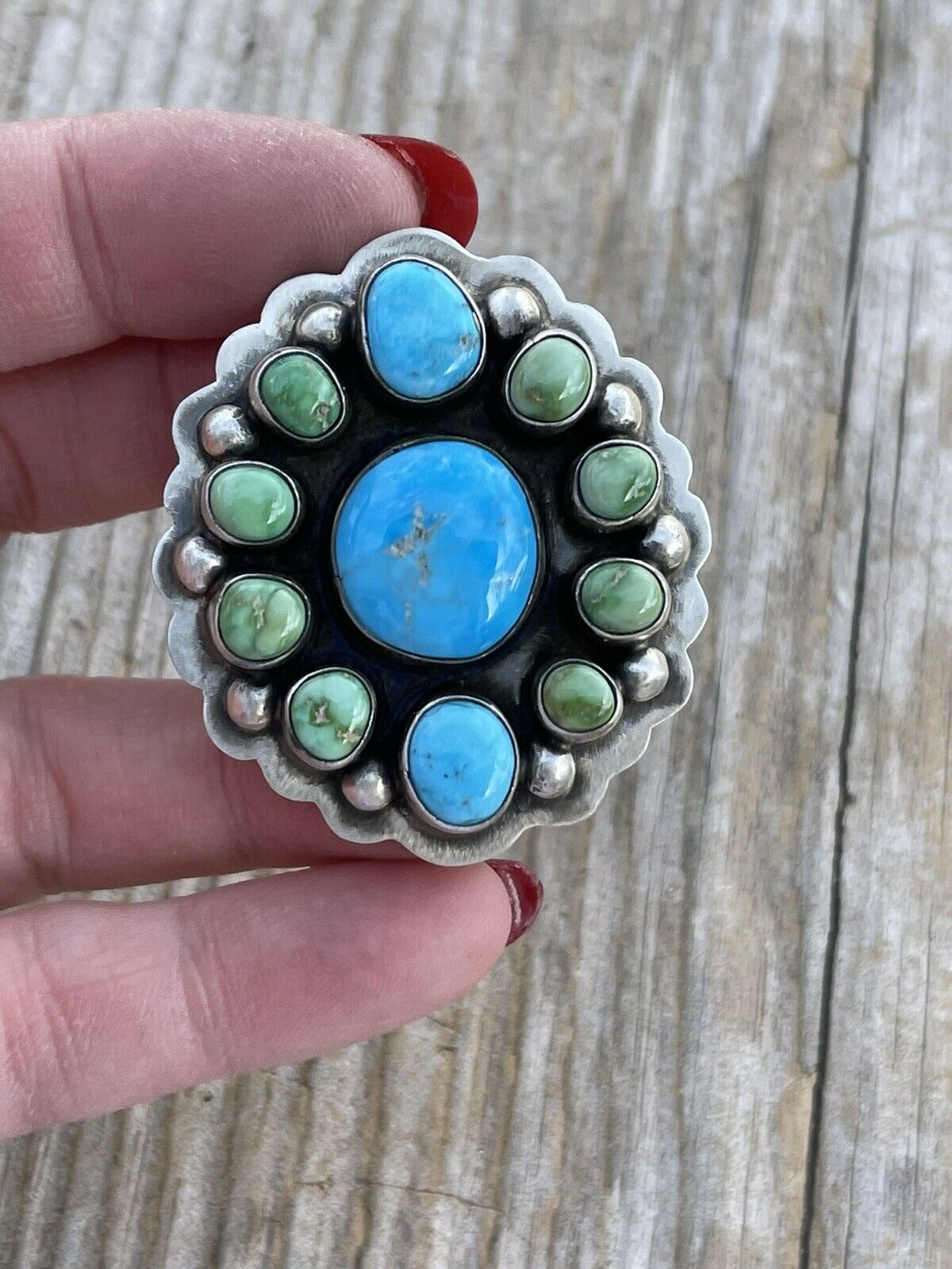 Handcrafted Sterling Sonoran Gold And Golden Hills Turquoise Cluster Ring Size 8.5