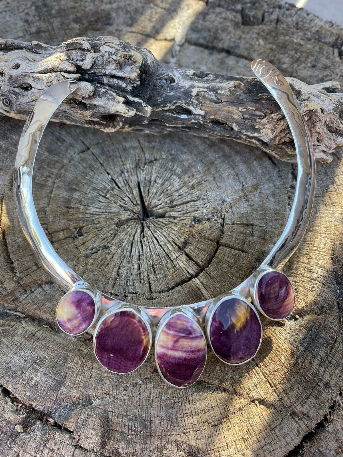 Handcrafted Sterling Silver & Spiny 5 Stone Choker Necklace Signed