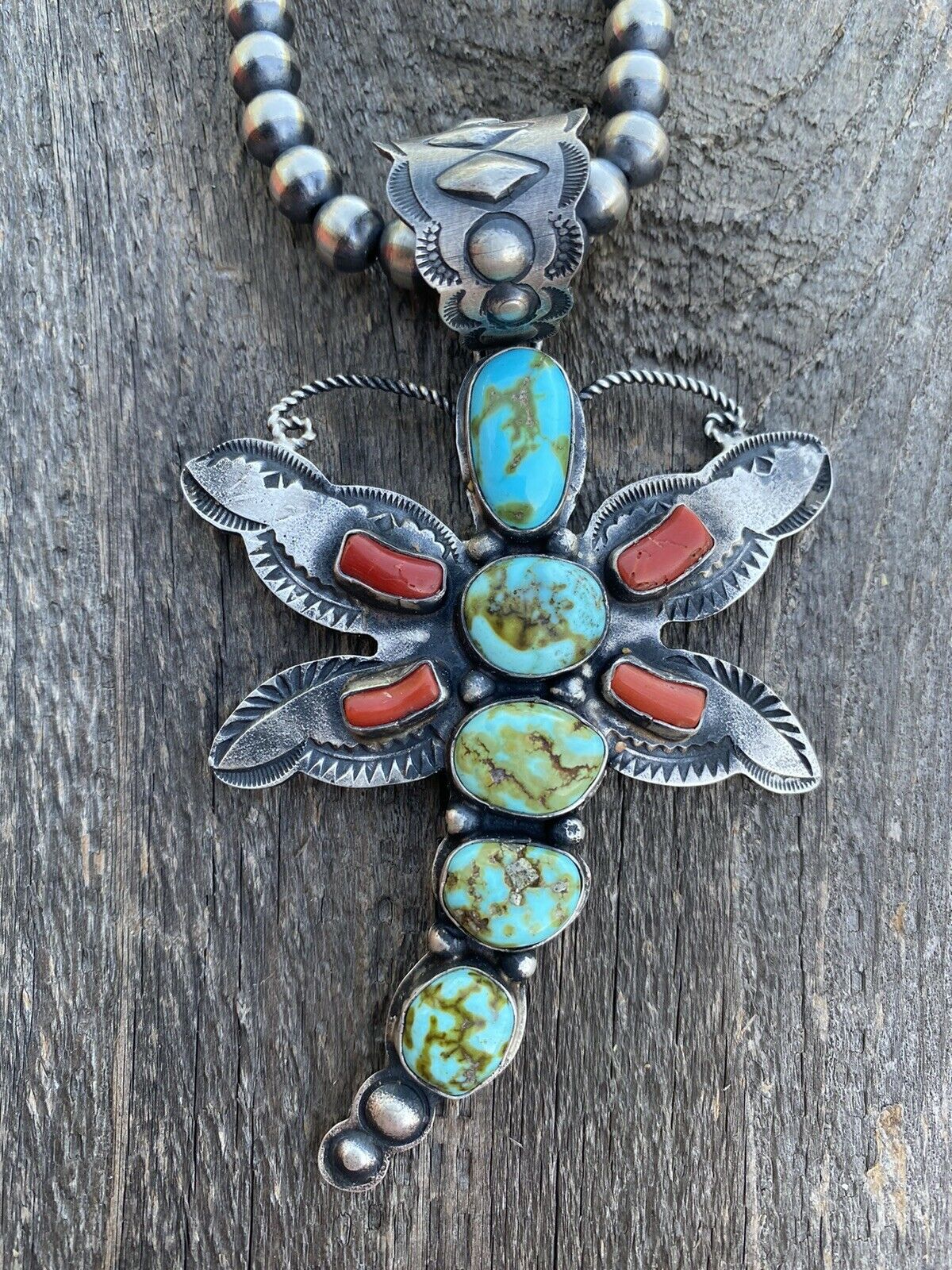 Handcrafted Shawn Cayatenito Sterling Silver Kingman Turquoise & Coral Dragonfly Pendant