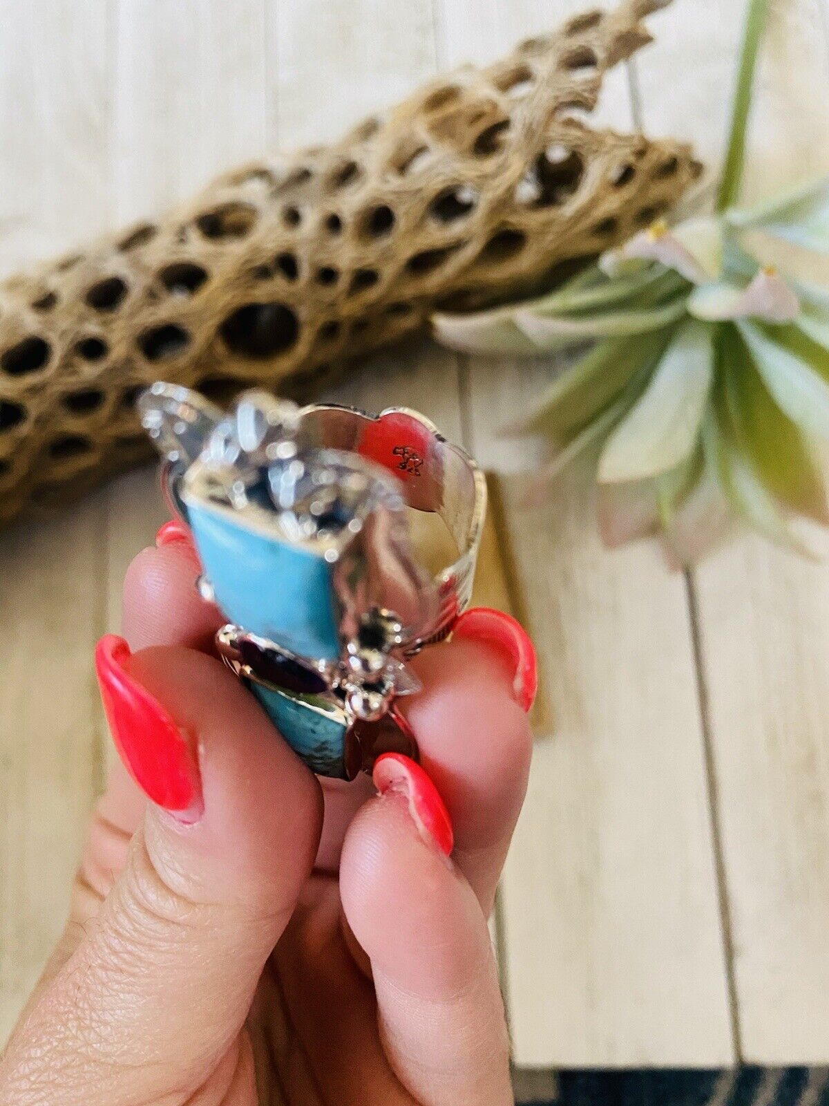 Handcrafted Kingman Turquoise, Amethyst & Sterling Silver Ring