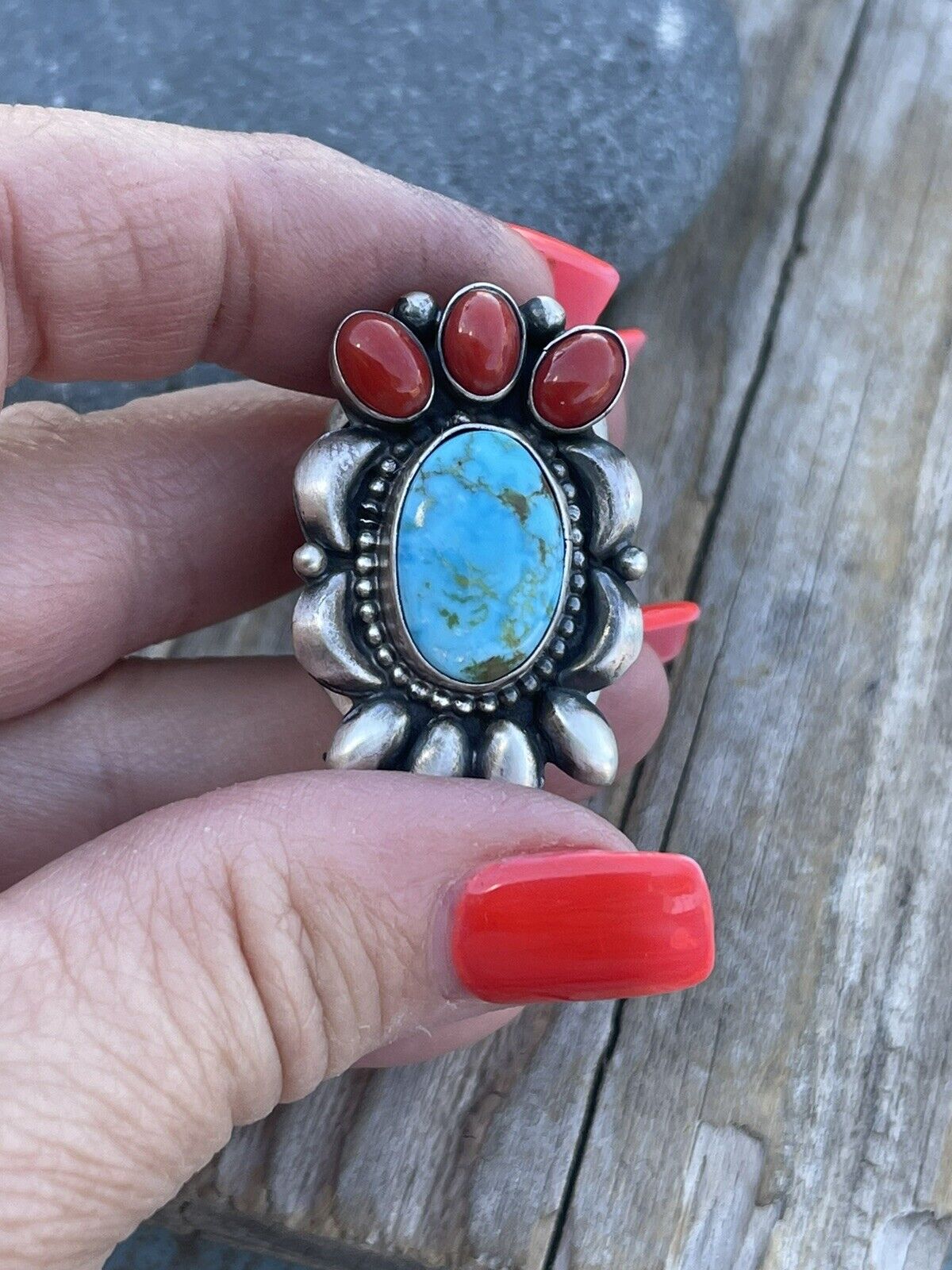 Navajo Sterling Kingman Web Turquoise & Red Coral Taos Collection Ring by Danny Clark, Sz 7.5