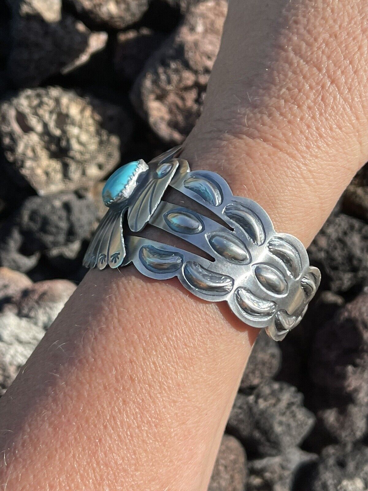Sterling Silver Handcrafted Stamped Turquoise Thunderbird Cuff