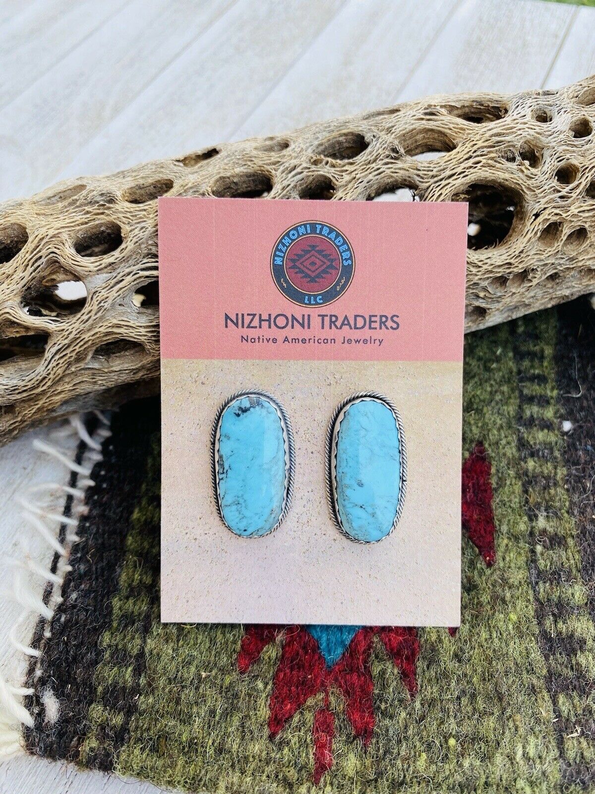 Handcrafted Turquoise & Sterling Silver Post Earrings Signed