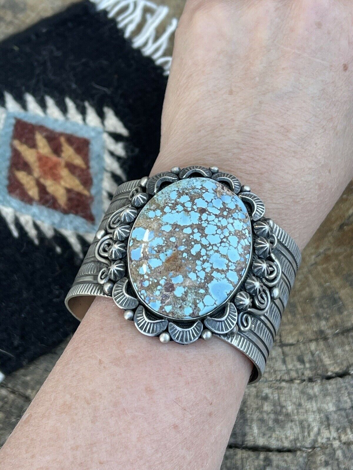 Handcrafted Sterling Silver & Number 8 Turquoise Signed Cuff Signed