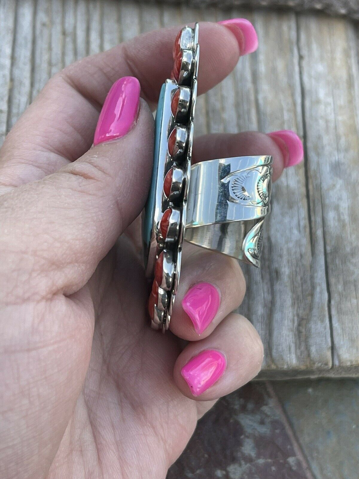 Handcrafted Cluster Fox Turquoise Spiny Sterling Silver Ring Sz Is Adjustable