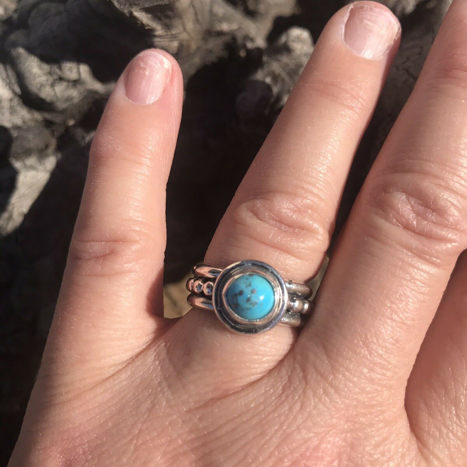 Handcrafted Kingman Turquoise & Sterling Silver Dotted Band Ring