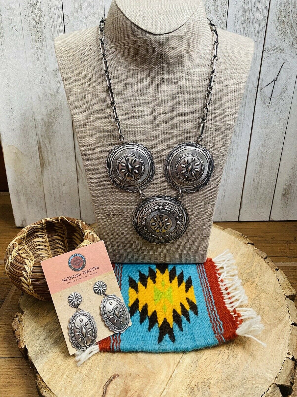 Handcrafted & Hand Stamped Sterling Silver Necklace & Earring Set By Eugene Charley