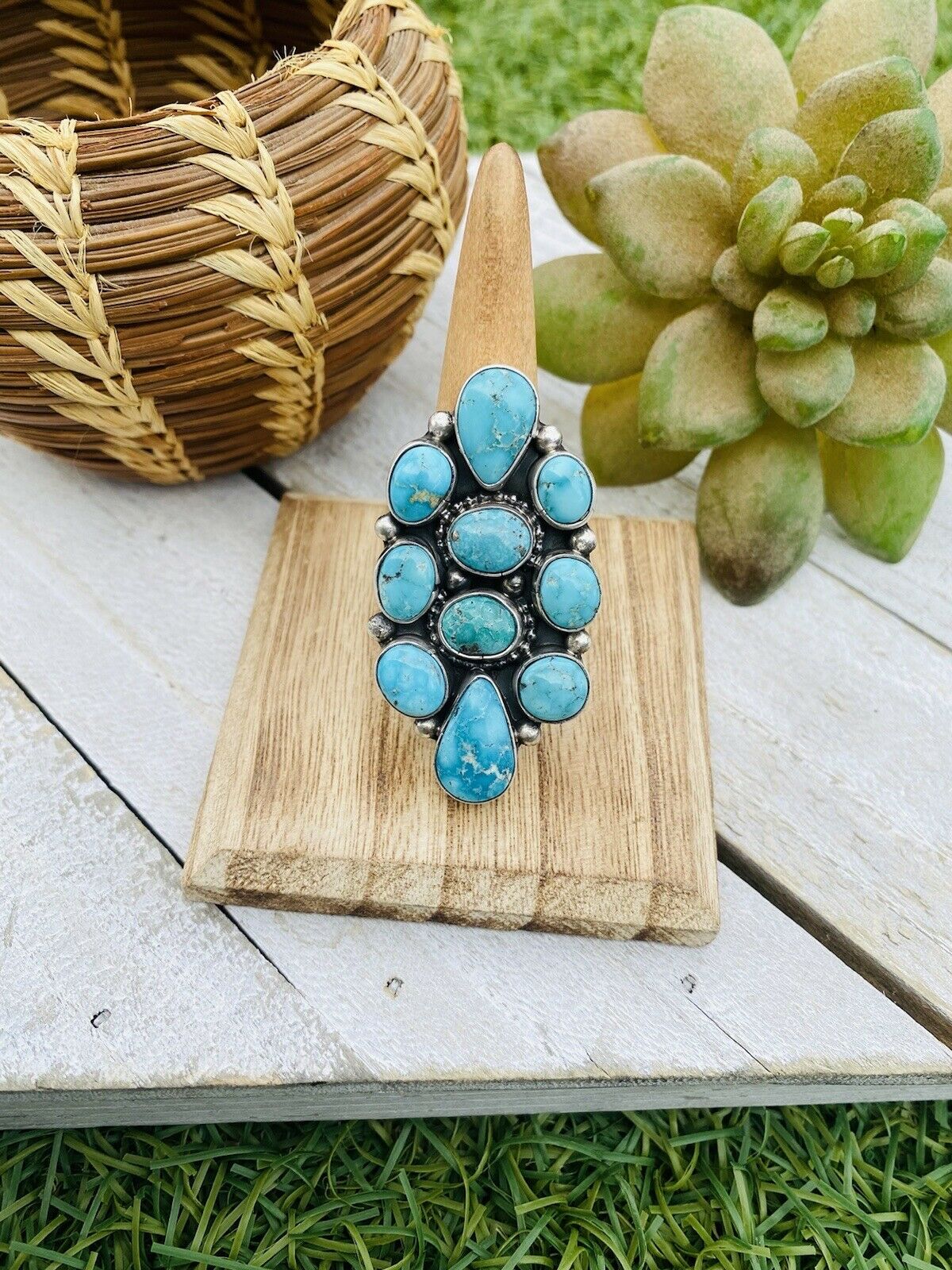 Handcrafted Turquoise & Sterling Silver Cluster Adjustable Ring